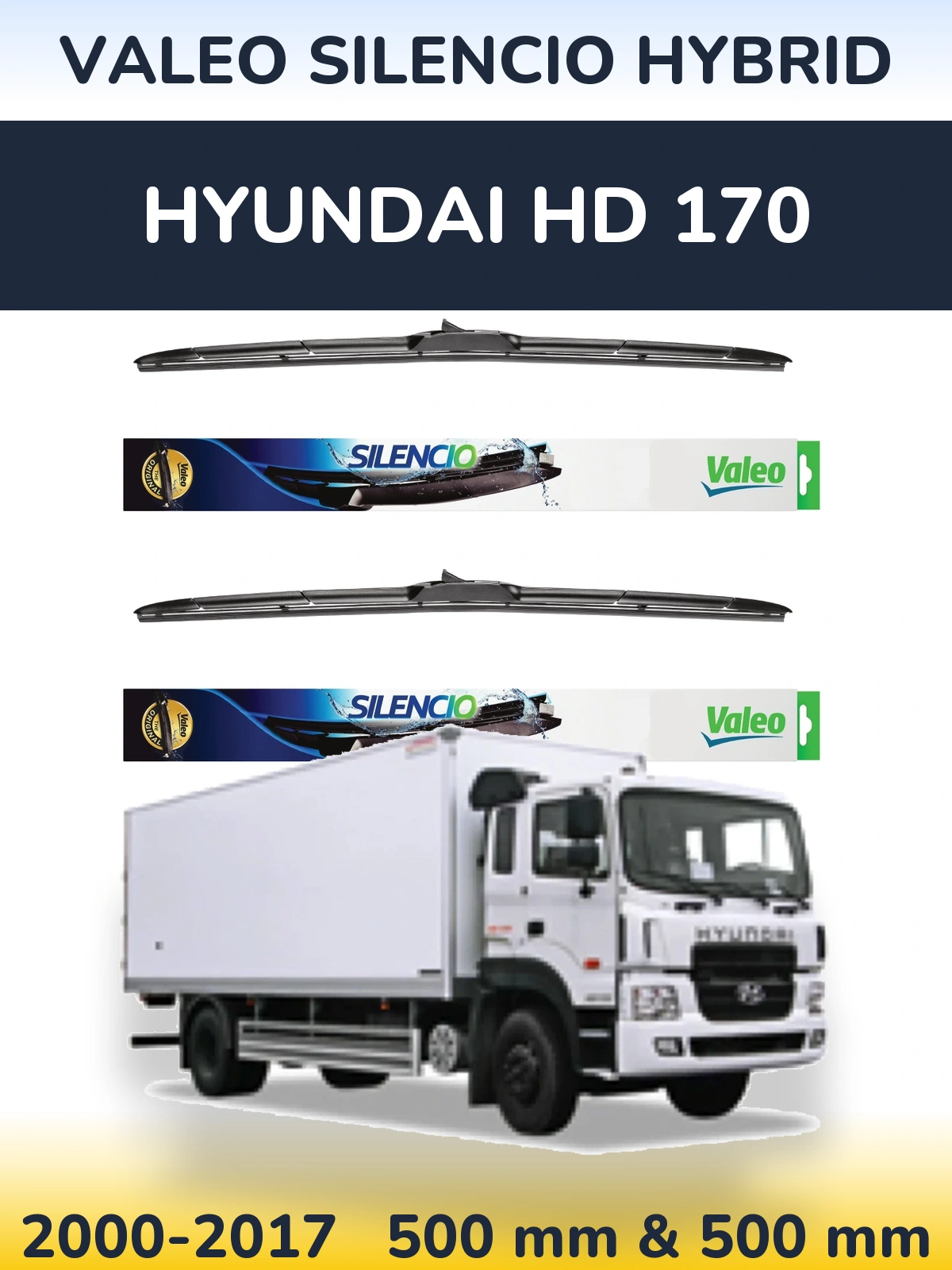 Komplet przednich wycieraczek Valeo Silencio Hybrid 500 & 500 mm do Hyundai HD 170 2000-2017