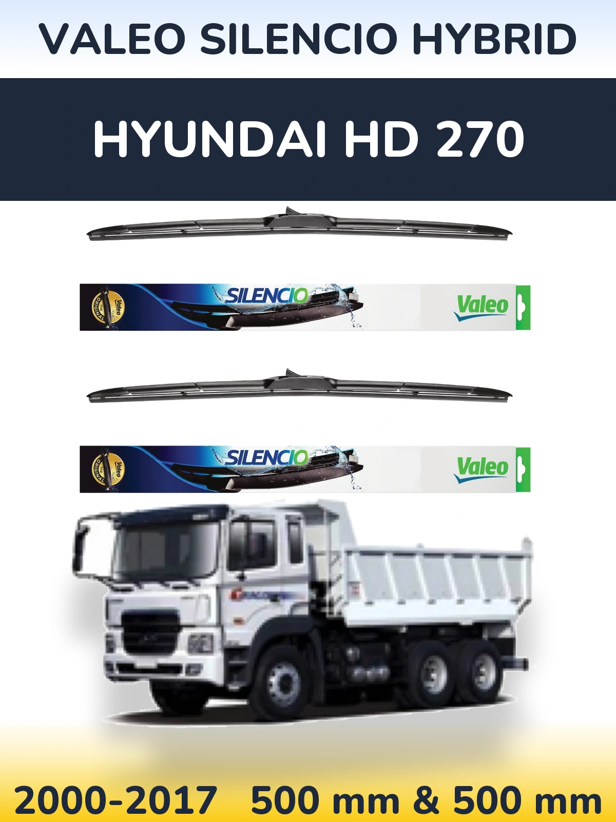 Front wiper blade set Valeo Silencio Hybrid 500 & 500 mm for Hyundai HD 270 2000-2017