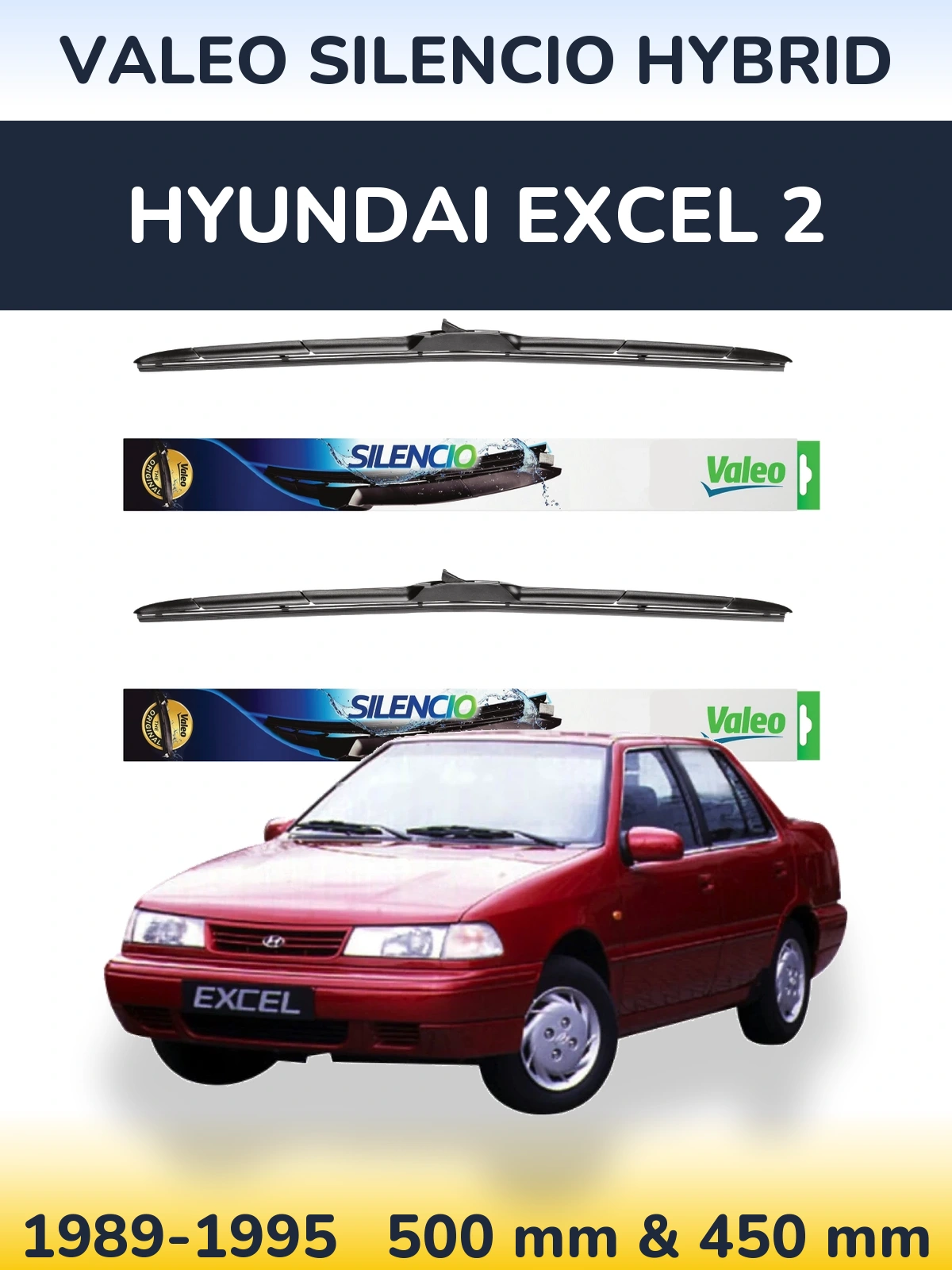 Komplet przednich wycieraczek Valeo Silencio Hybrid 500 & 450 mm do Hyundai Excel 2 1989-1995