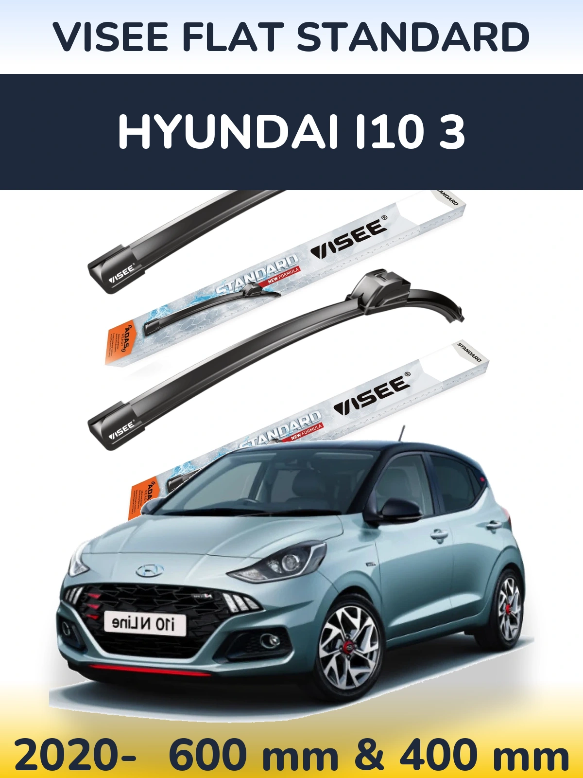 Комплект передних дворников VISEE FLAT STANDARD 600 & 400 мм для Hyundai i10 3 2020-2026