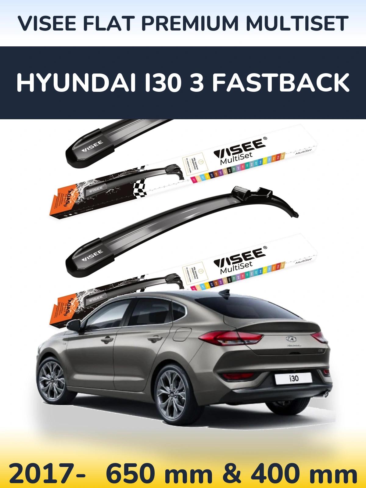 Комплект передних дворников VISEE FLAT PREMIUM MultiSet 650 & 400 мм для Hyundai i30 3 Fastback 2017-2026