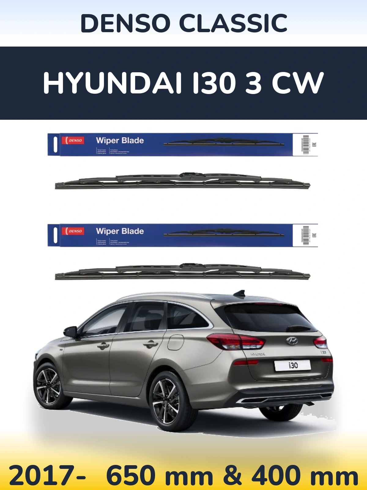 Front wiper blade set Denso Classic 650 & 400 mm for Hyundai i30 3 CW 2017-2026