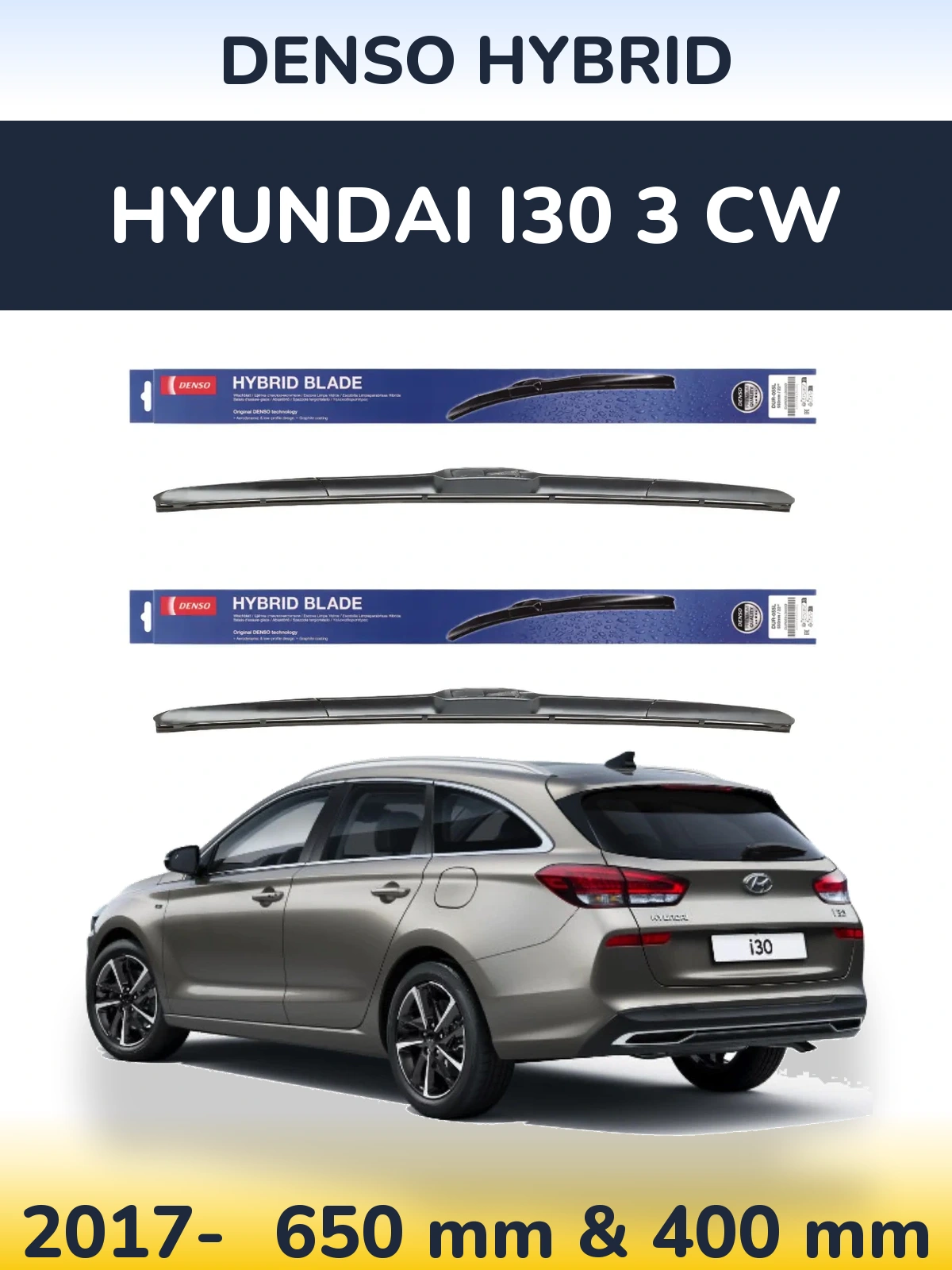 Front wiper blade set Denso Hybrid 650 & 400 mm for Hyundai i30 3 CW 2017-2026