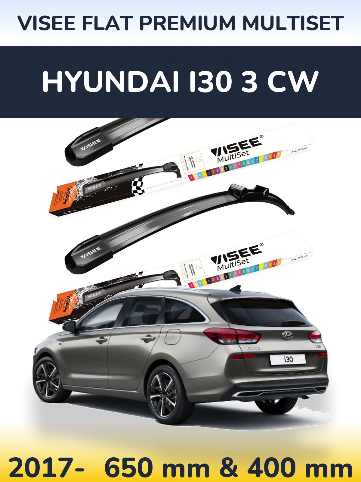 Front wiper blade set VISEE FLAT PREMIUM MultiSet 650 & 400 mm for Hyundai i30 3 CW 2017-2026