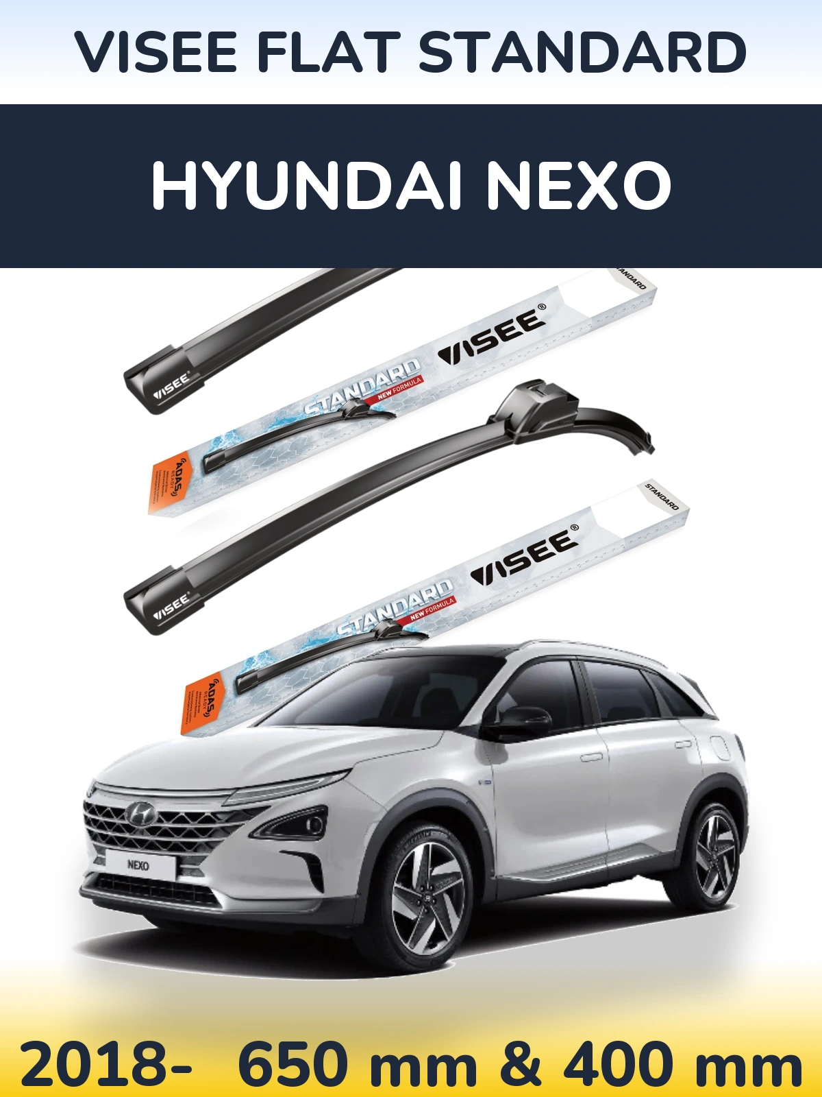 Komplet przednich wycieraczek VISEE FLAT STANDARD 650 & 400 mm do Hyundai Nexo 2018-2026