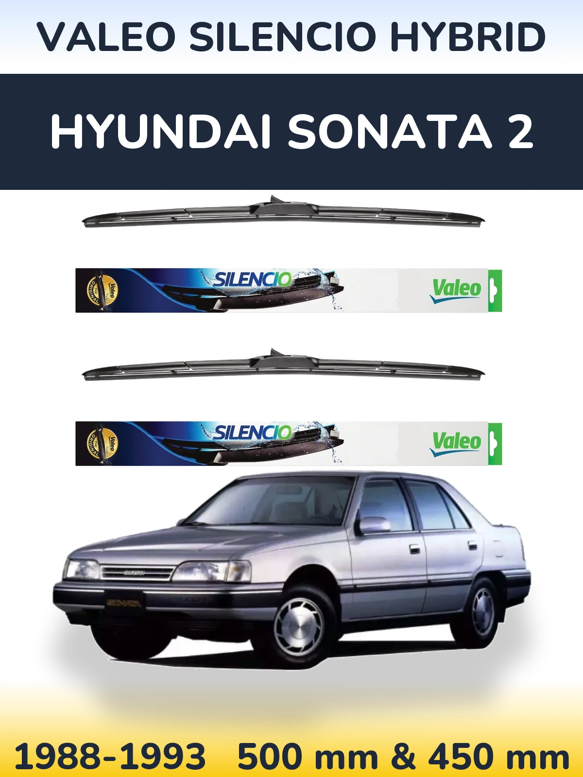 Komplet przednich wycieraczek Valeo Silencio Hybrid 500 & 450 mm do Hyundai Sonata 2 1988-1993