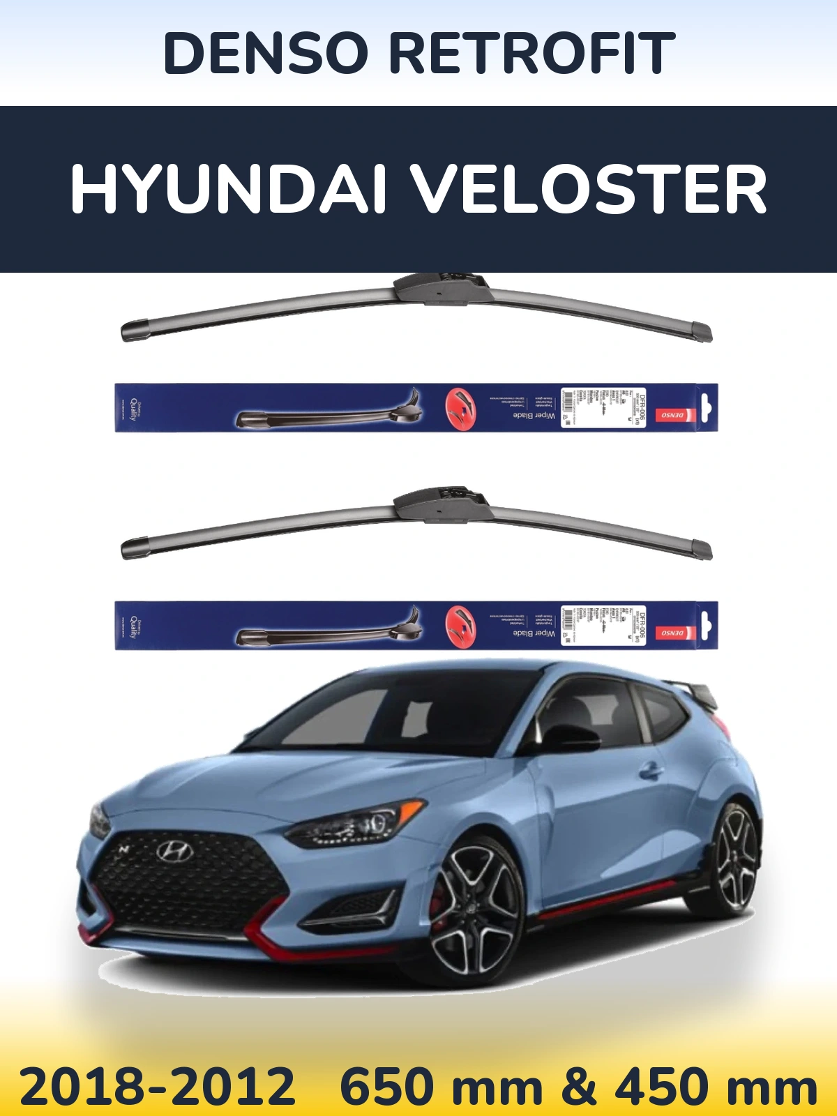 Front wiper blade set Denso Retrofit 650 & 450 mm for Hyundai Veloster 2018-2012
