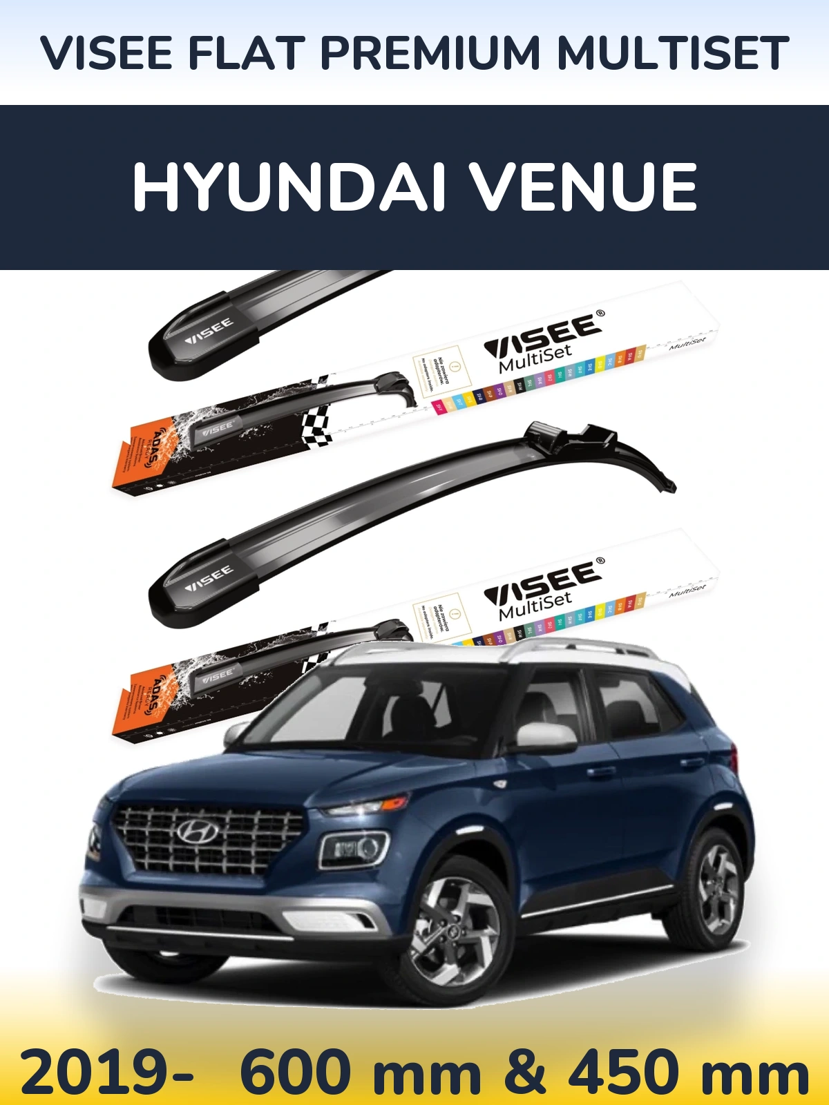 Komplet przednich wycieraczek VISEE FLAT PREMIUM MultiSet 600 & 450 mm do Hyundai Venue 2019-2026