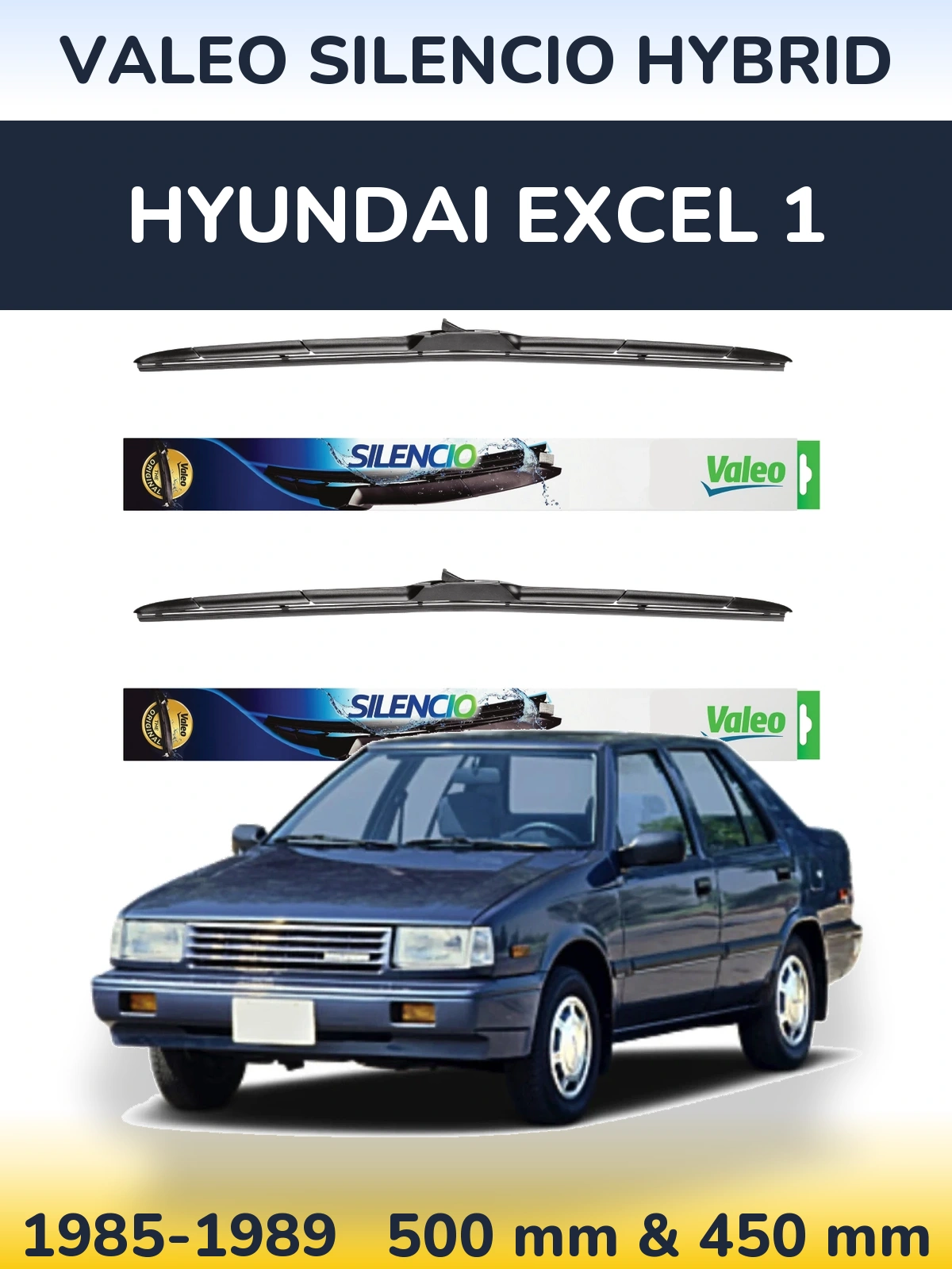 Komplet przednich wycieraczek Valeo Silencio Hybrid 500 & 450 mm do Hyundai Excel 1 1985-1989