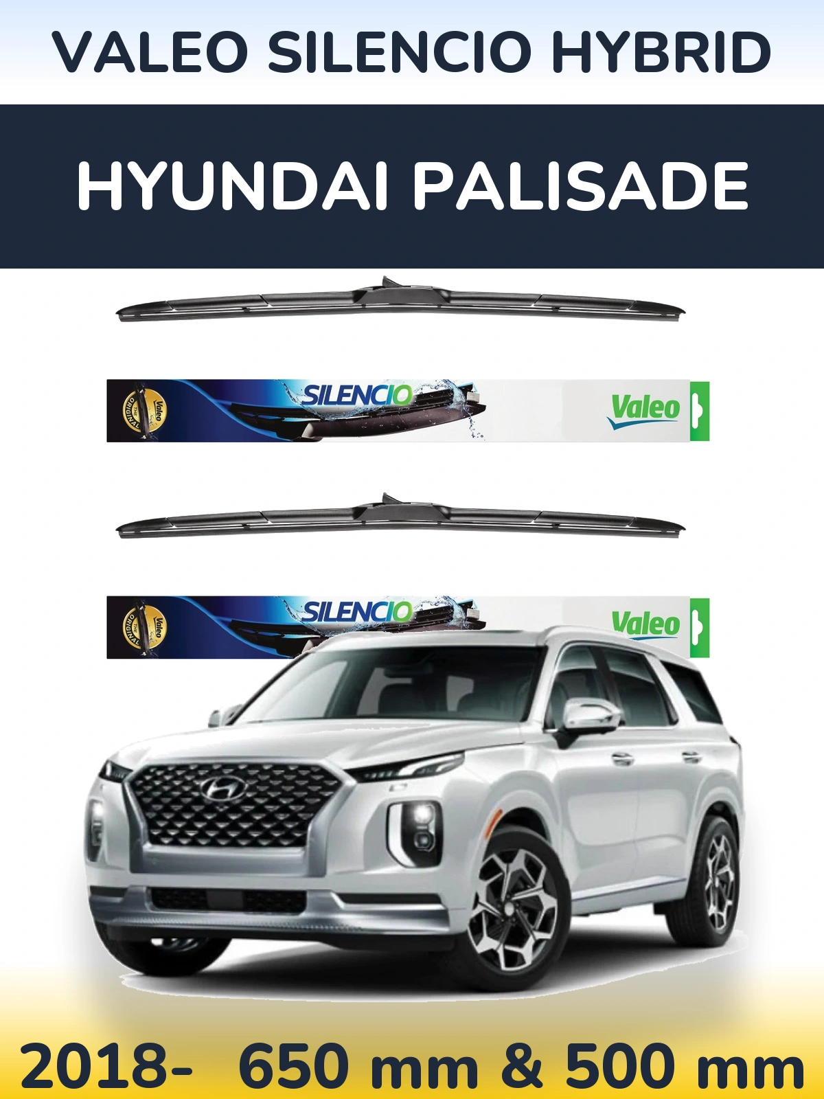 Komplet przednich wycieraczek Valeo Silencio Hybrid 650 & 500 mm do Hyundai Palisade 2018-2026