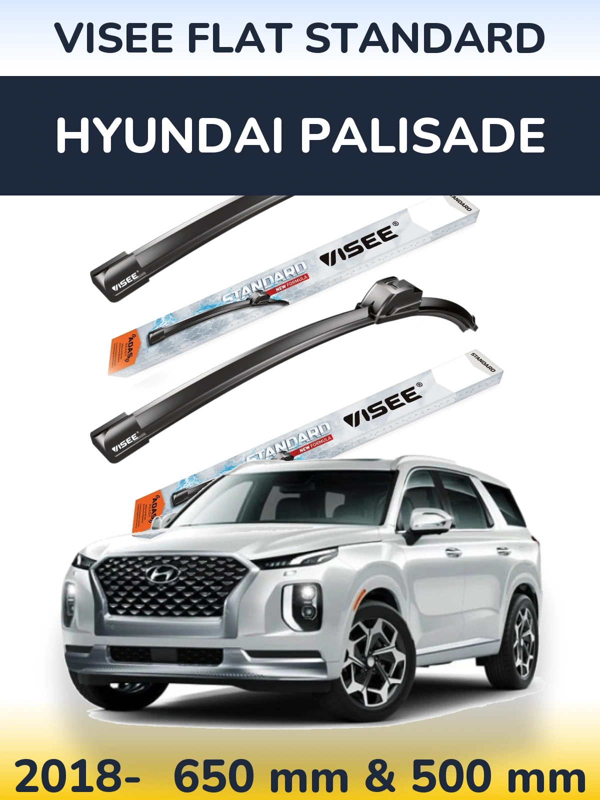Komplet przednich wycieraczek VISEE FLAT STANDARD 650 & 500 mm do Hyundai Palisade 2018-2026