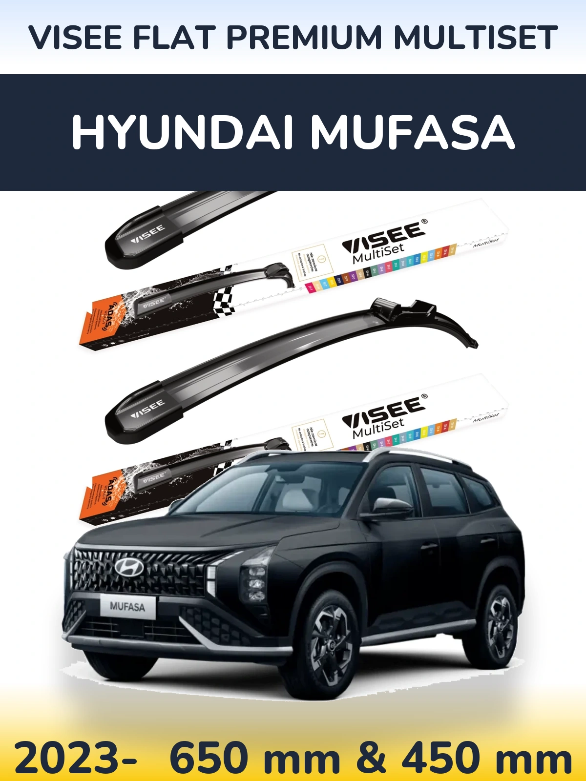 Komplet przednich wycieraczek VISEE FLAT PREMIUM MultiSet 650 & 450 mm do Hyundai Mufasa 2023-2026