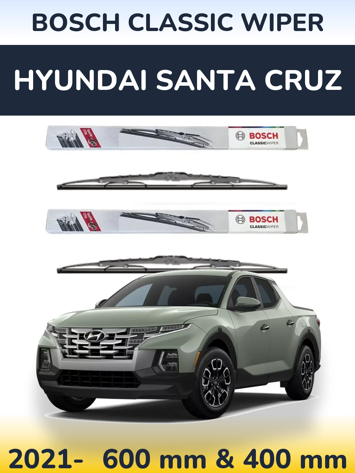 Комплект передних дворников BOSCH Classic Wiper 600 & 400 мм для Hyundai Santa Cruz 2021-2026