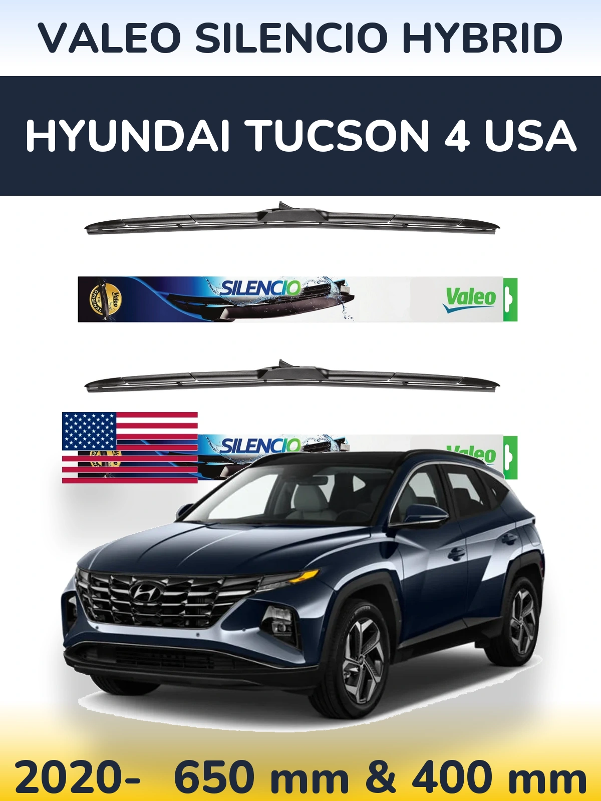Комплект передних дворников Valeo Silencio Hybrid 650 & 400 мм для Hyundai Tucson 4 USA 2020-2026