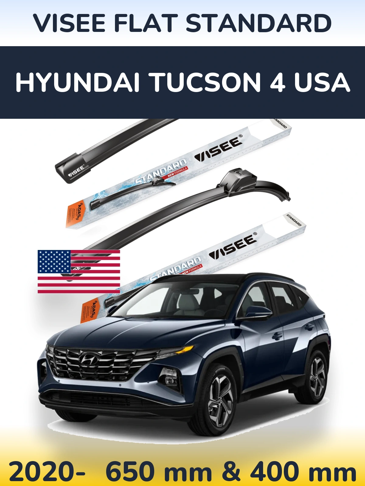 Komplet przednich wycieraczek VISEE FLAT STANDARD 650 & 400 mm do Hyundai Tucson 4 USA 2020-2026