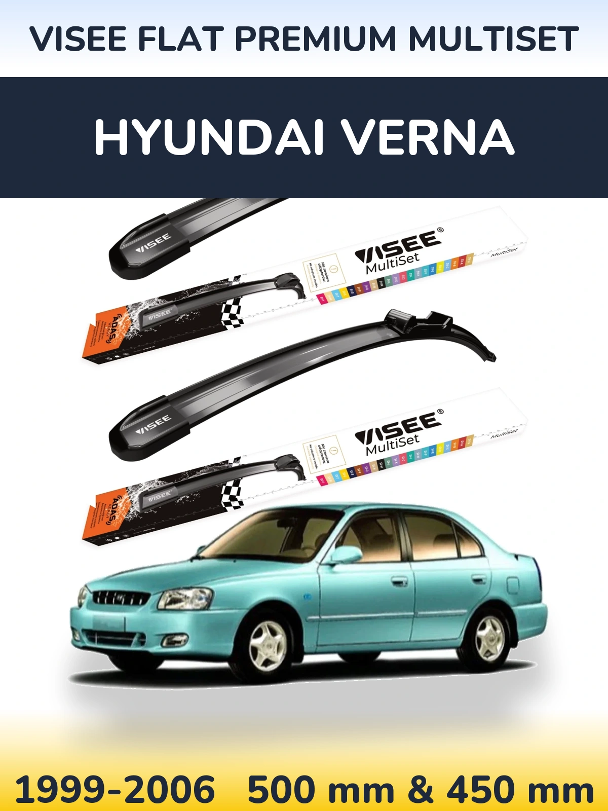 Комплект передних дворников VISEE FLAT PREMIUM MultiSet 500 & 450 мм для Hyundai Verna 1999-2006