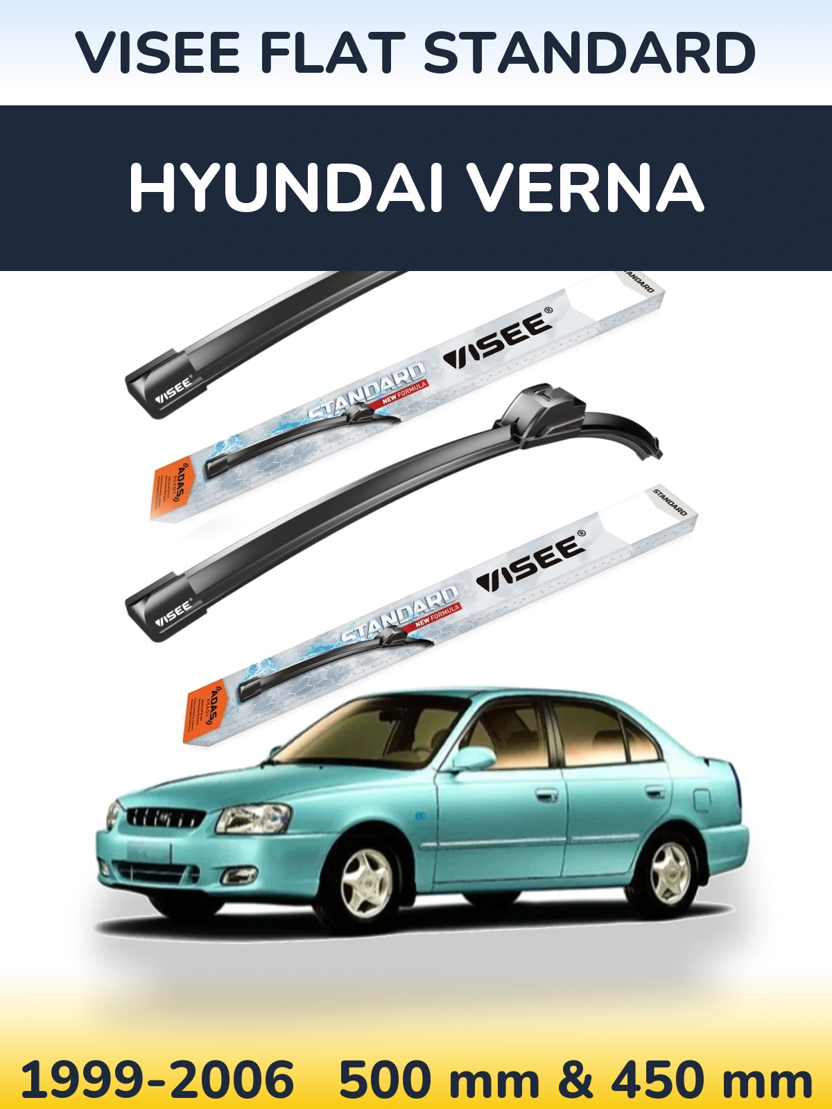 Komplet przednich wycieraczek VISEE FLAT STANDARD 500 & 450 mm do Hyundai Verna 1999-2006