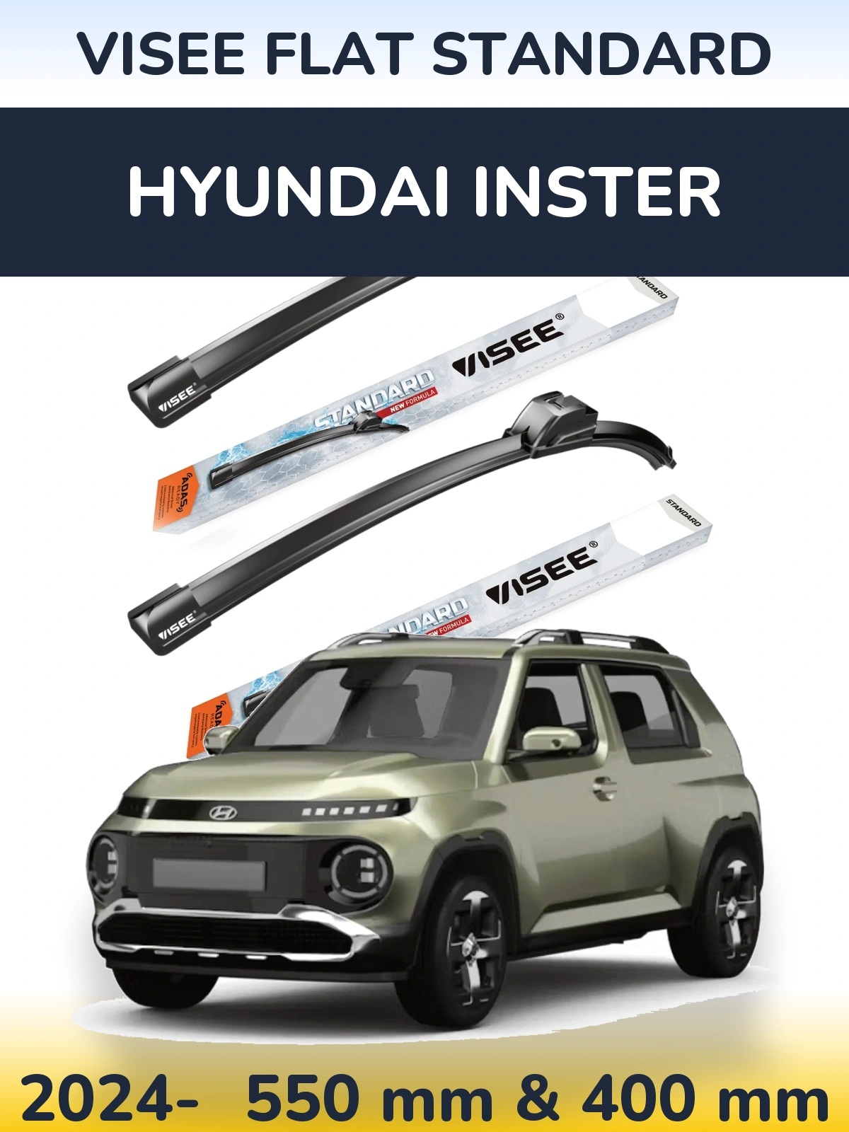 Komplet przednich wycieraczek VISEE FLAT STANDARD 550 & 400 mm do Hyundai Inster 2024-2026