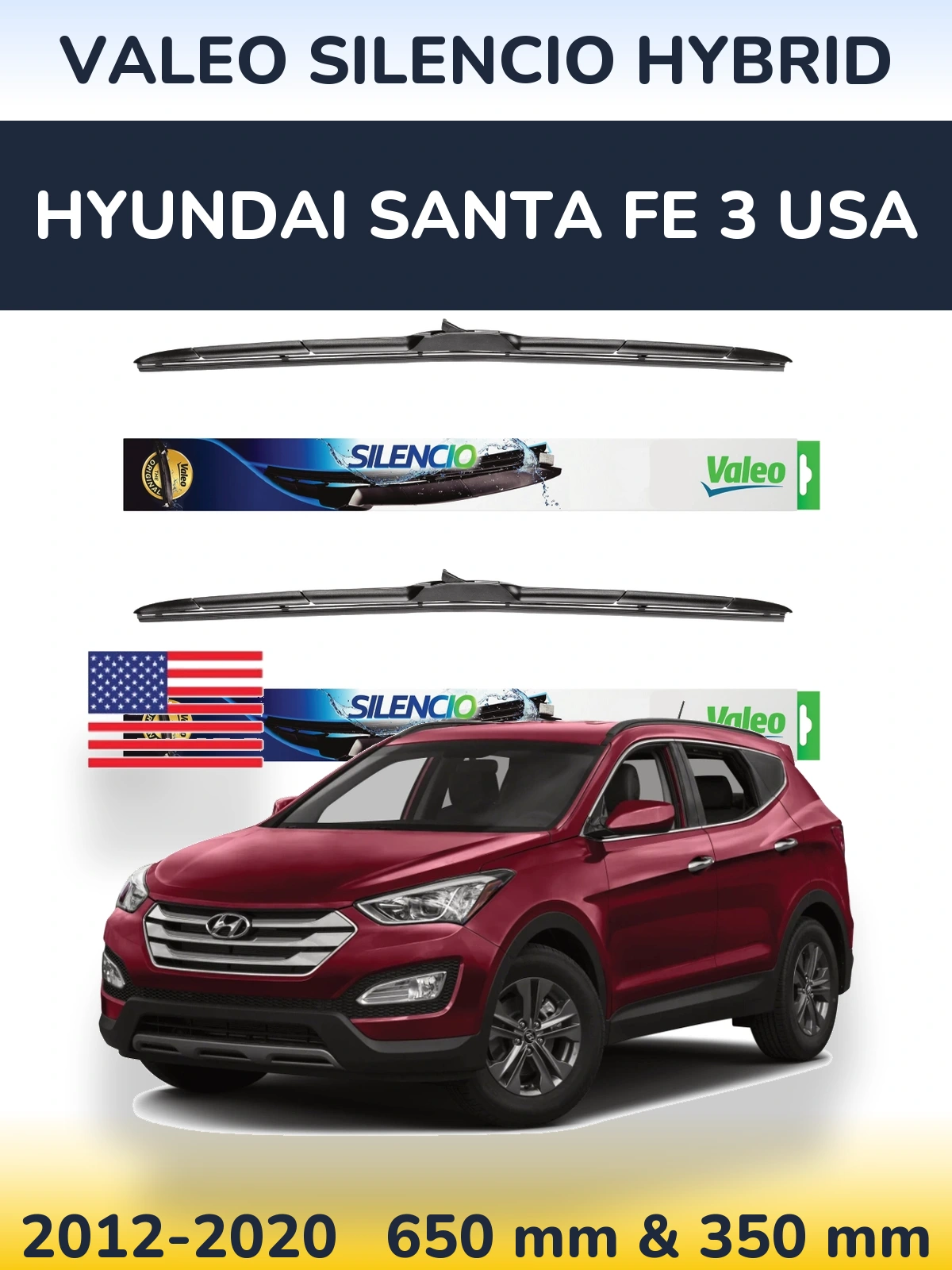 Komplet przednich wycieraczek Valeo Silencio Hybrid 650 & 350 mm do Hyundai Santa Fe 3 USA 2012-2020