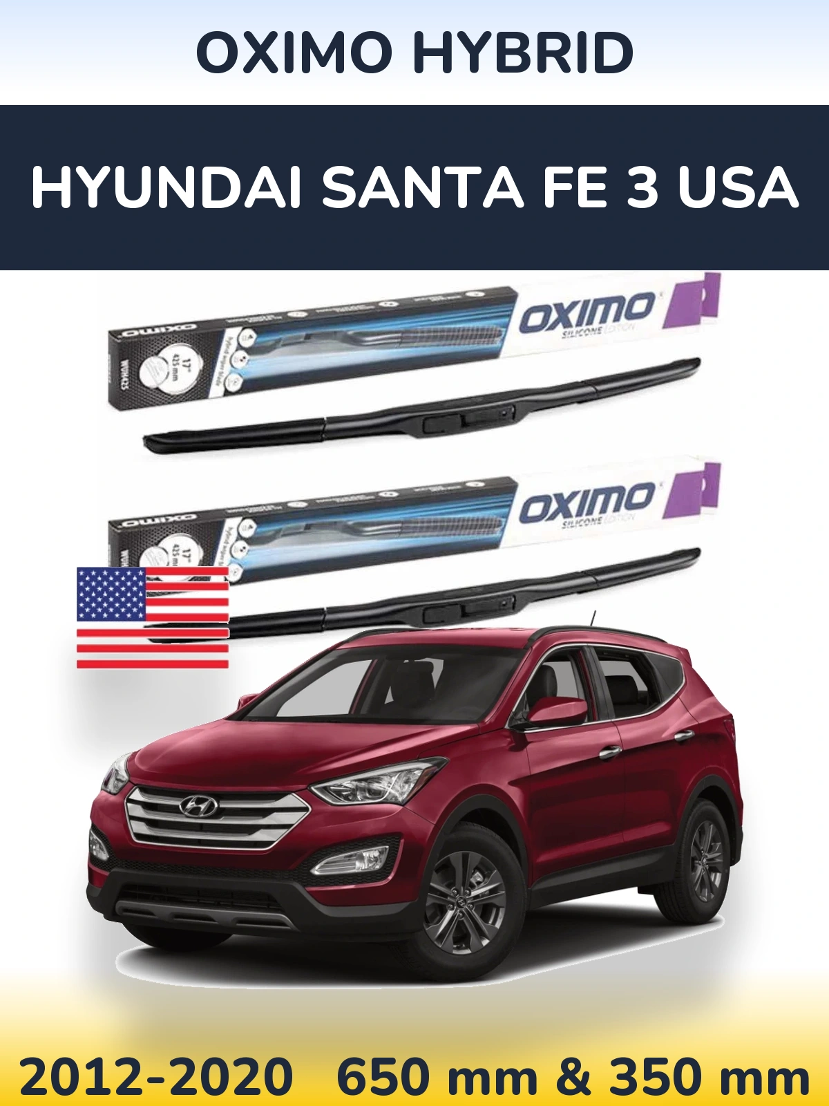 Комплект передних дворников Oximo Hybrid 650 & 350 мм для Hyundai Santa Fe 3 USA 2012-2020