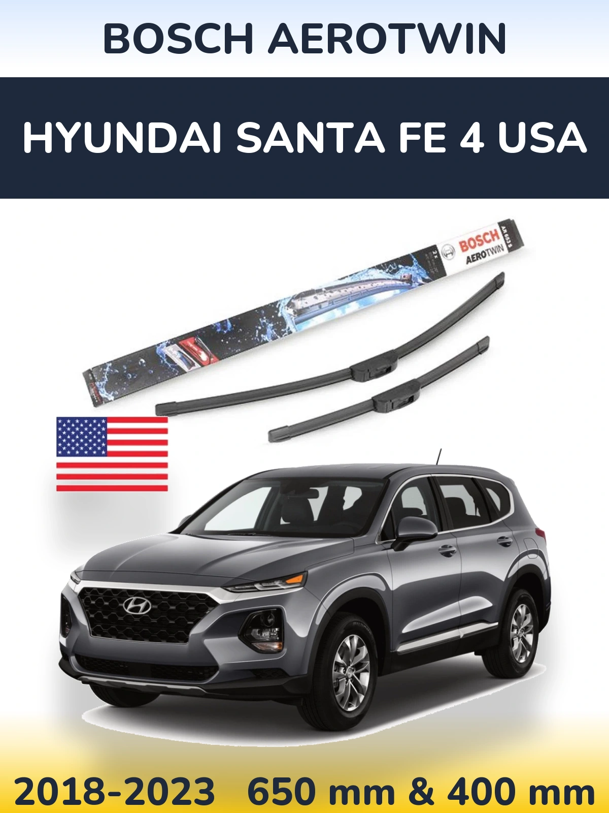 Комплект передних дворников BOSCH AeroTwin 650 & 400 мм для Hyundai Santa Fe 4 USA 2018-2023