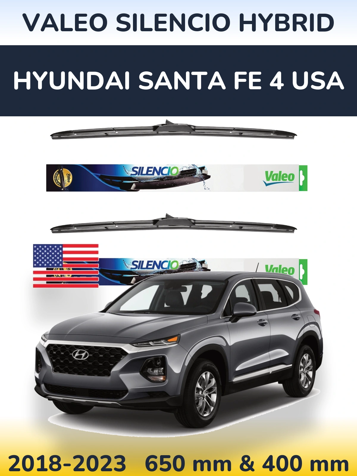 Komplet przednich wycieraczek Valeo Silencio Hybrid 650 & 400 mm do Hyundai Santa Fe 4 USA 2018-2023