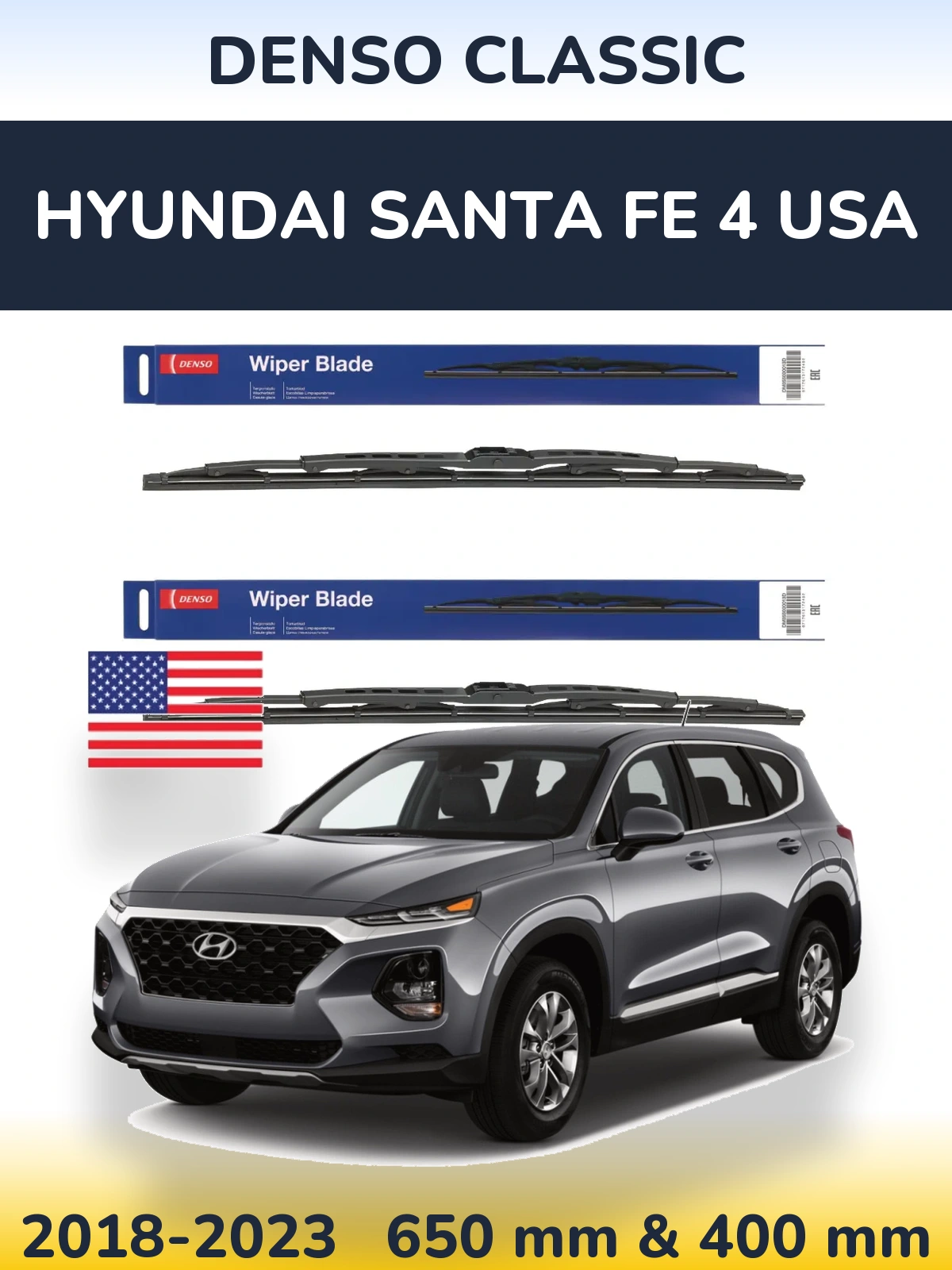 Komplet przednich wycieraczek Denso Classic 650 & 400 mm do Hyundai Santa Fe 4 USA 2018-2023