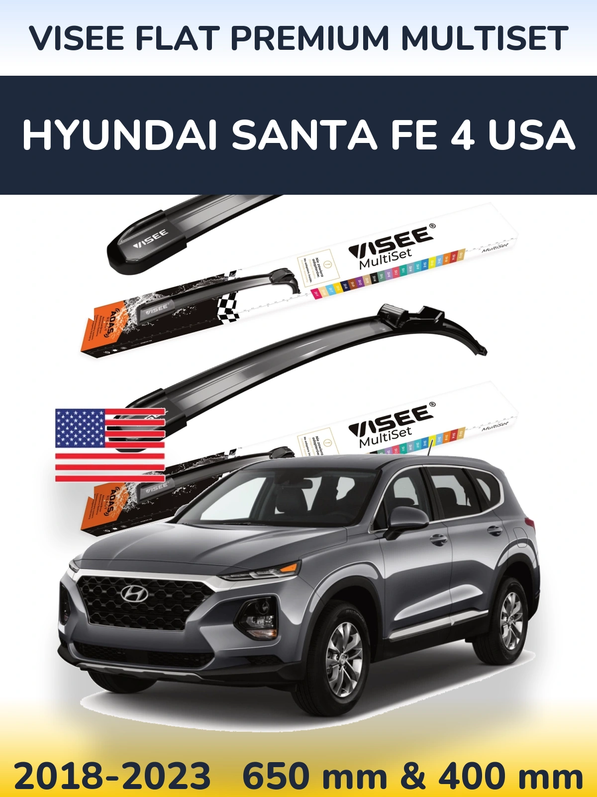 Komplet przednich wycieraczek VISEE FLAT PREMIUM MultiSet 650 & 400 mm do Hyundai Santa Fe 4 USA 2018-2023