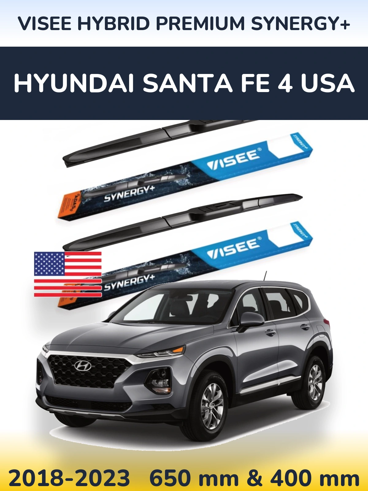 Front wiper blade set VISEE HYBRID PREMIUM SYNERGY+ 650 & 400 mm for Hyundai Santa Fe 4 USA 2018-2023