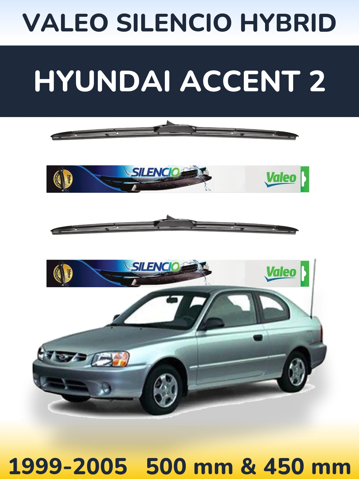 Комплект передних дворников Valeo Silencio Hybrid 500 & 450 мм для Hyundai Accent 2 1999-2005