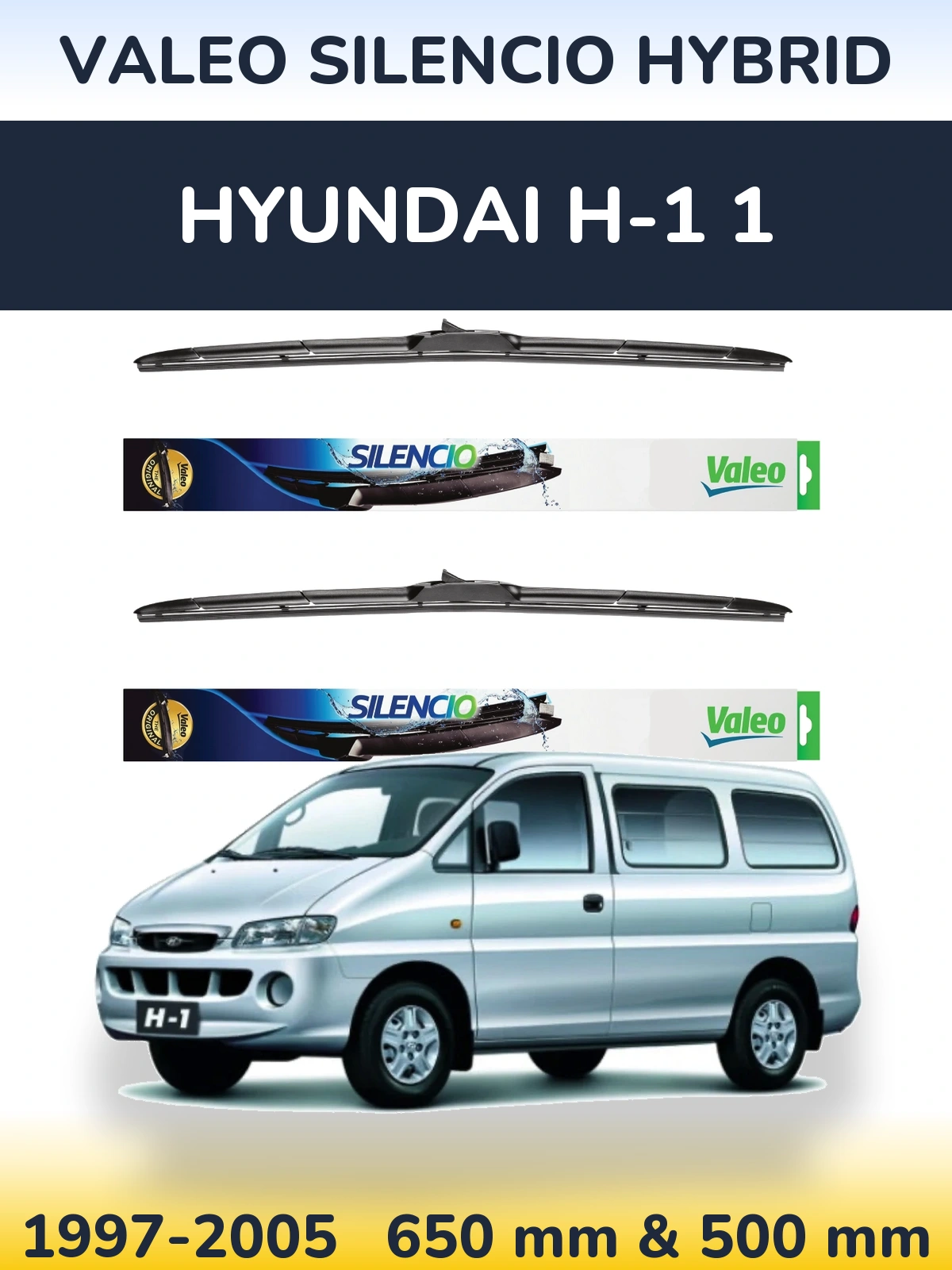 Komplet przednich wycieraczek Valeo Silencio Hybrid 650 & 500 mm do Hyundai H-1 1 1997-2005