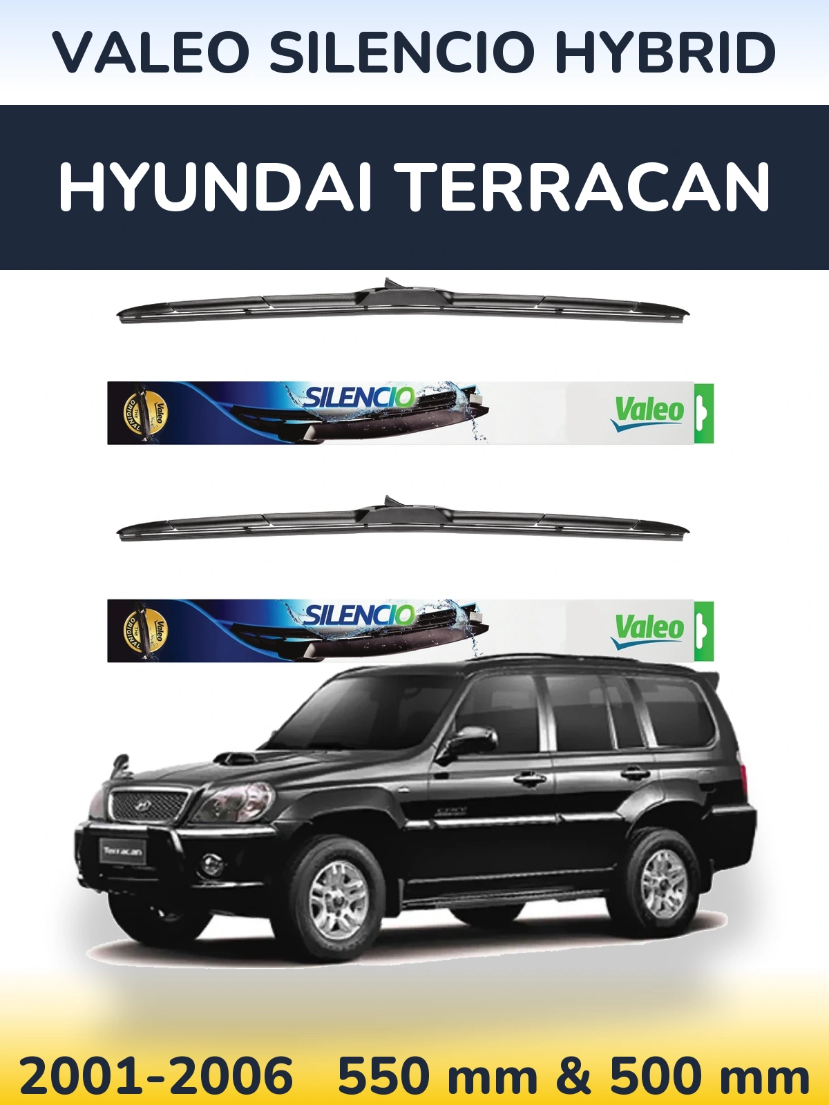 Komplet przednich wycieraczek Valeo Silencio Hybrid 550 & 500 mm do Hyundai Terracan 2001-2006