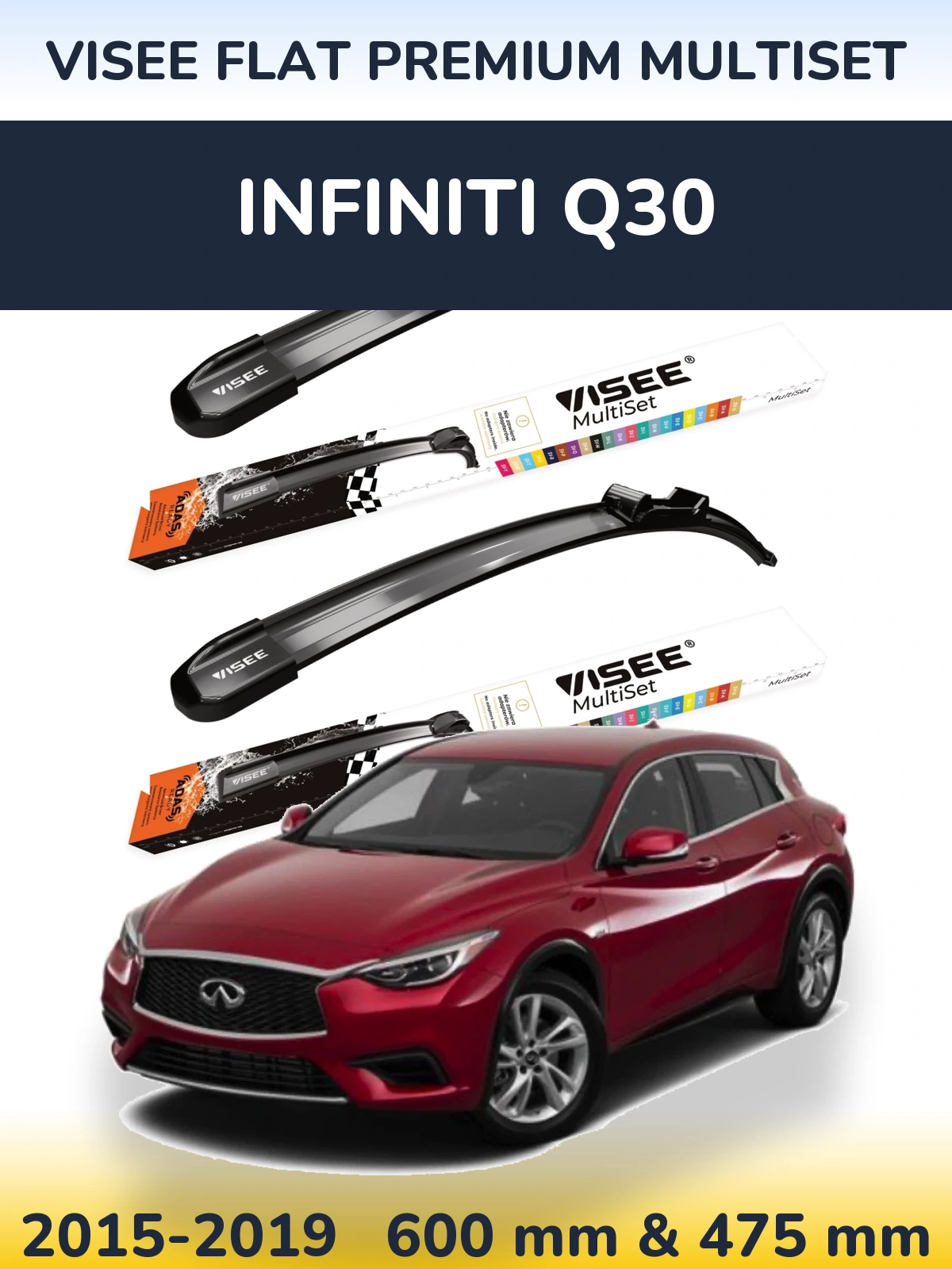 Комплект передних дворников VISEE FLAT PREMIUM MultiSet 600 & 475 мм для Infiniti Q30 2015-2019