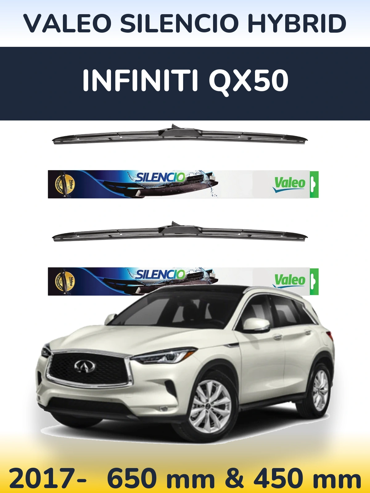 Komplet przednich wycieraczek Valeo Silencio Hybrid 650 & 450 mm do Infiniti QX50 2017-2026