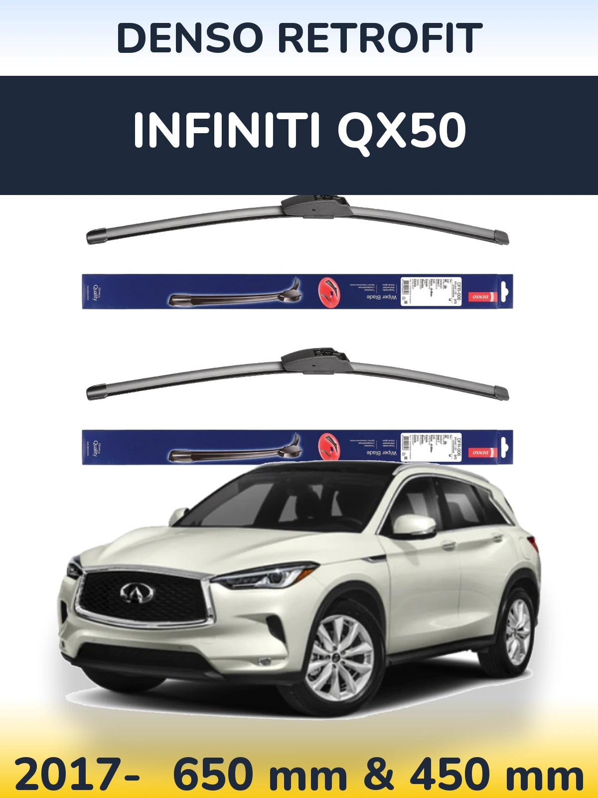 Komplet przednich wycieraczek Denso Retrofit 650 & 450 mm do Infiniti QX50 2017-2026