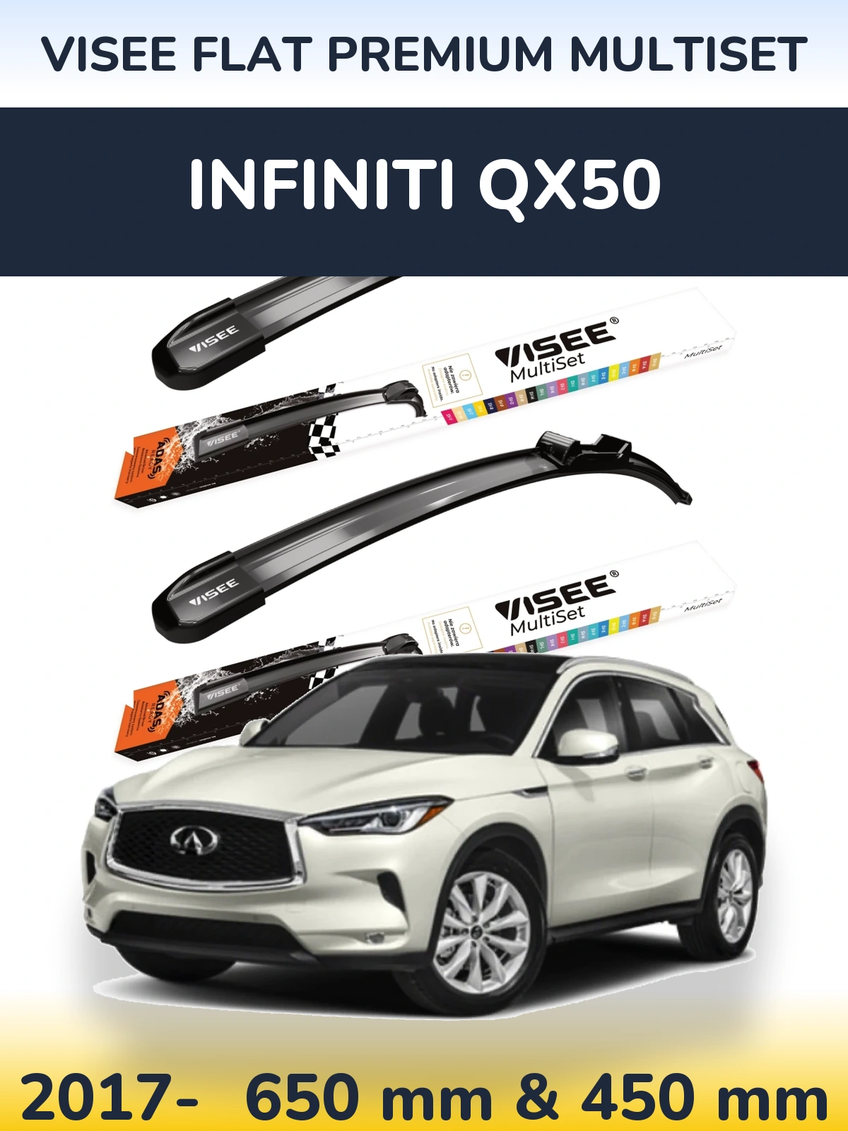 Komplet przednich wycieraczek VISEE FLAT PREMIUM MultiSet 650 & 450 mm do Infiniti QX50 2017-2026