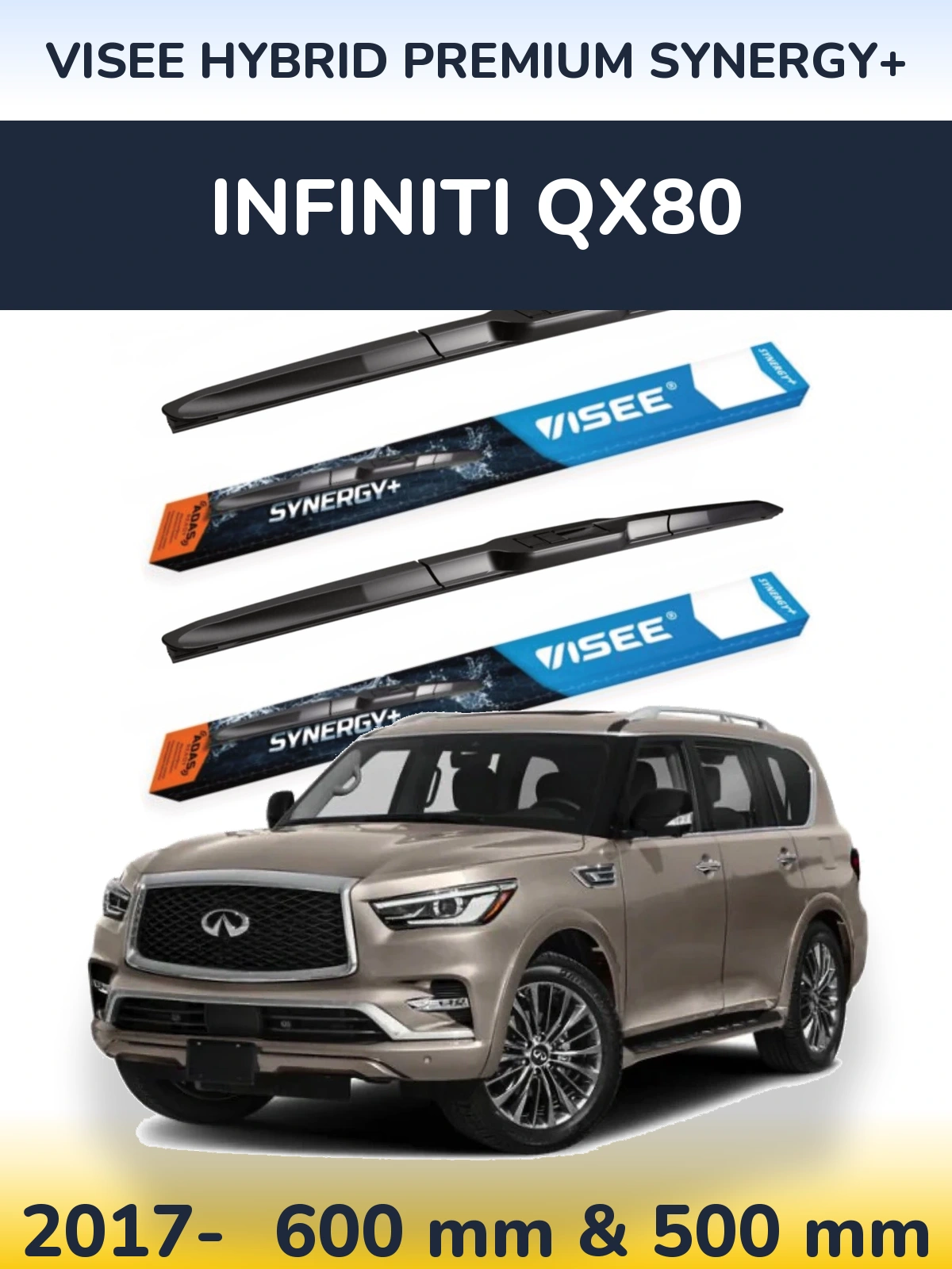 Комплект передних дворников VISEE HYBRID PREMIUM SYNERGY+ 600 & 500 мм для Infiniti QX80 2017-2026