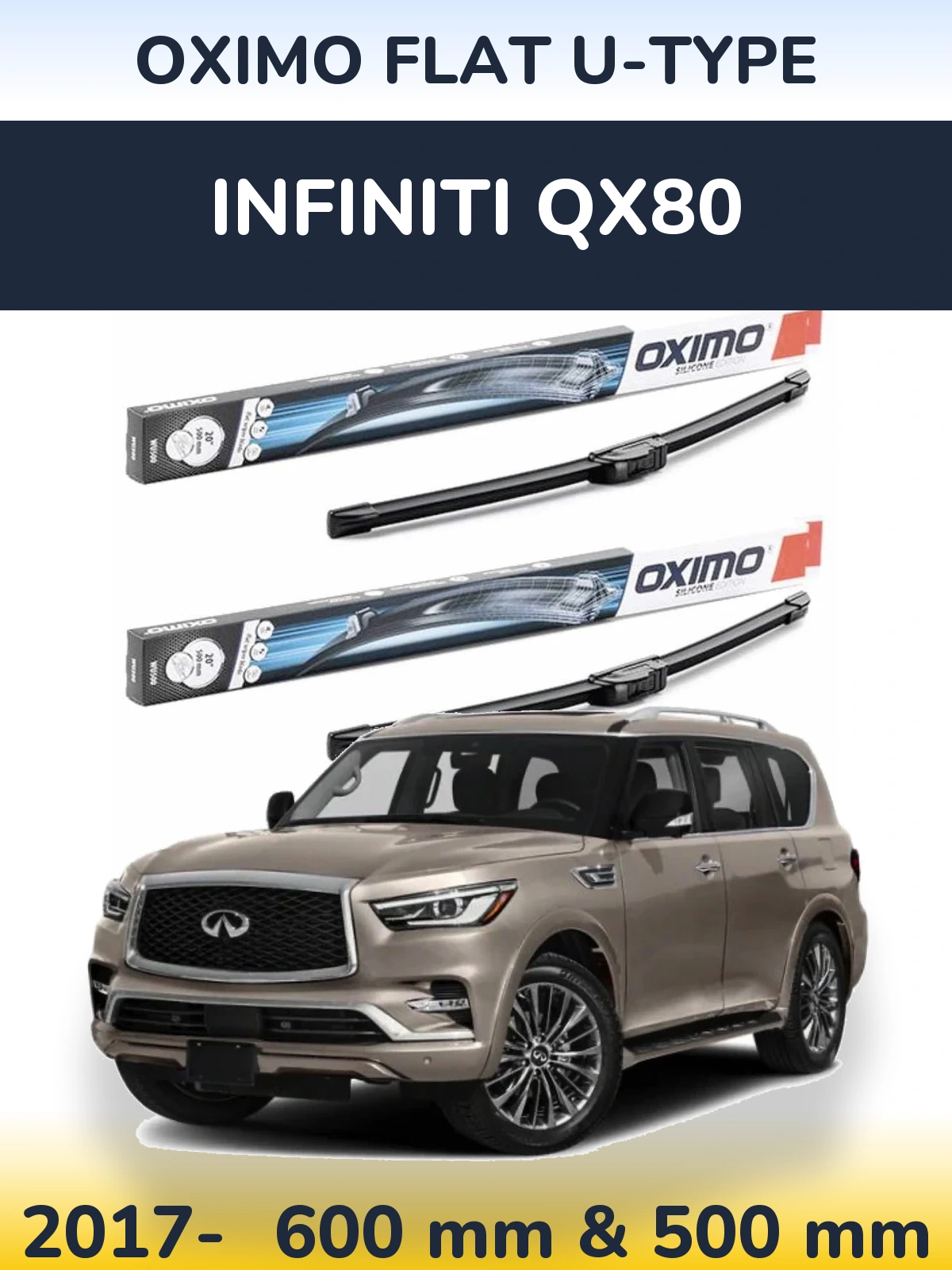 Комплект передних дворников Oximo Flat U-type 600 & 500 мм для Infiniti QX80 2017-2026