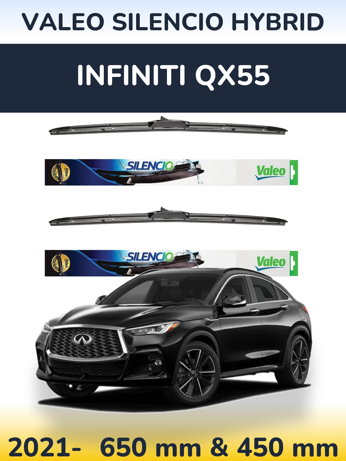Front wiper blade set Valeo Silencio Hybrid 650 & 450 mm for Infiniti QX55 2021-2026