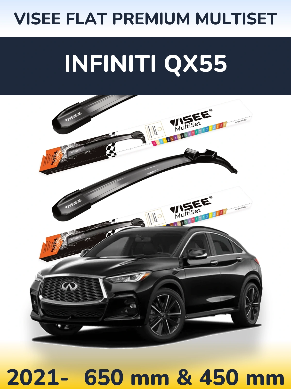 Komplet przednich wycieraczek VISEE FLAT PREMIUM MultiSet 650 & 450 mm do Infiniti QX55 2021-2026