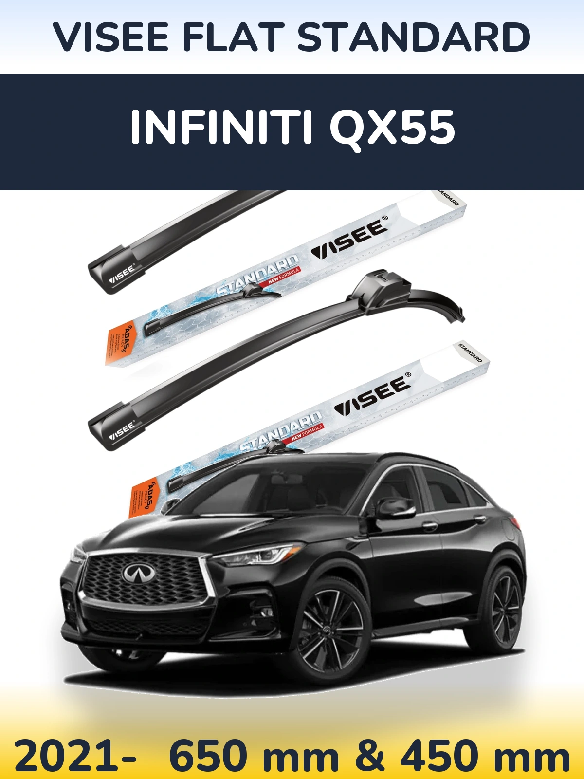 Комплект передних дворников VISEE FLAT STANDARD 650 & 450 мм для Infiniti QX55 2021-2026