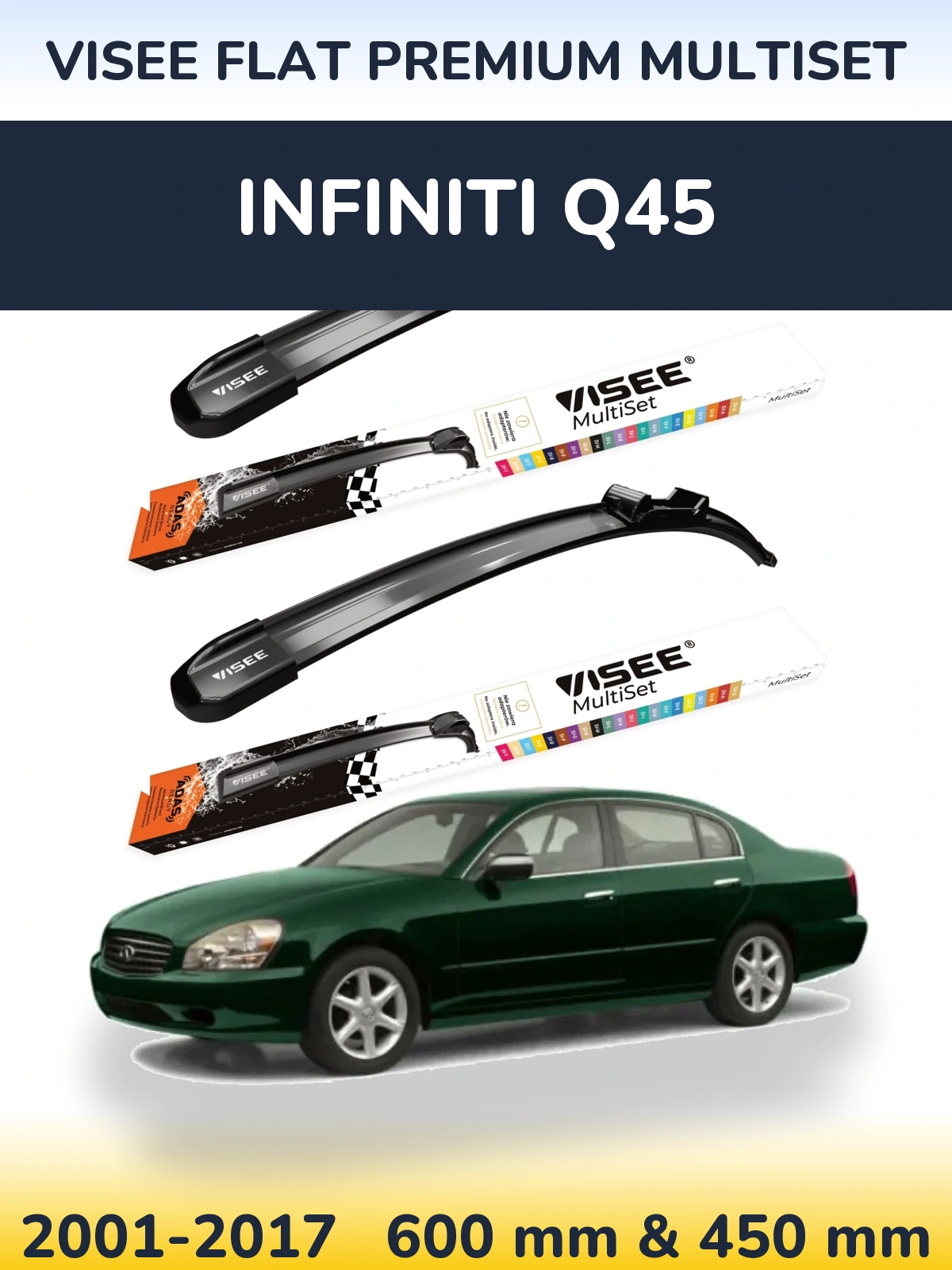 Комплект передних дворников VISEE FLAT PREMIUM MultiSet 600 & 450 мм для Infiniti Q45 2001-2017