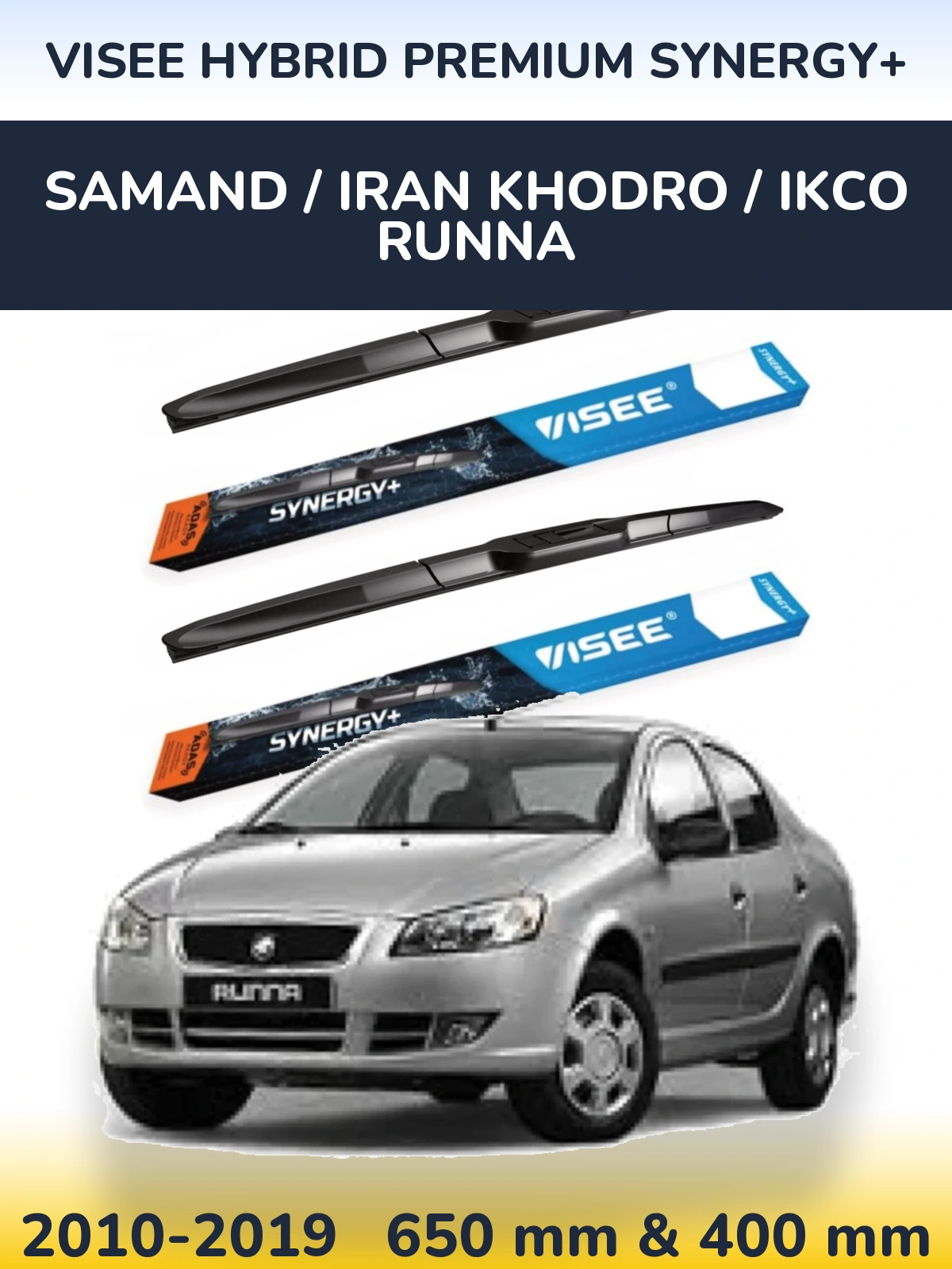 Komplet przednich wycieraczek VISEE HYBRID PREMIUM SYNERGY+ 650 & 400 mm do Samand / Iran Khodro / IKCO Runna 2010-2019