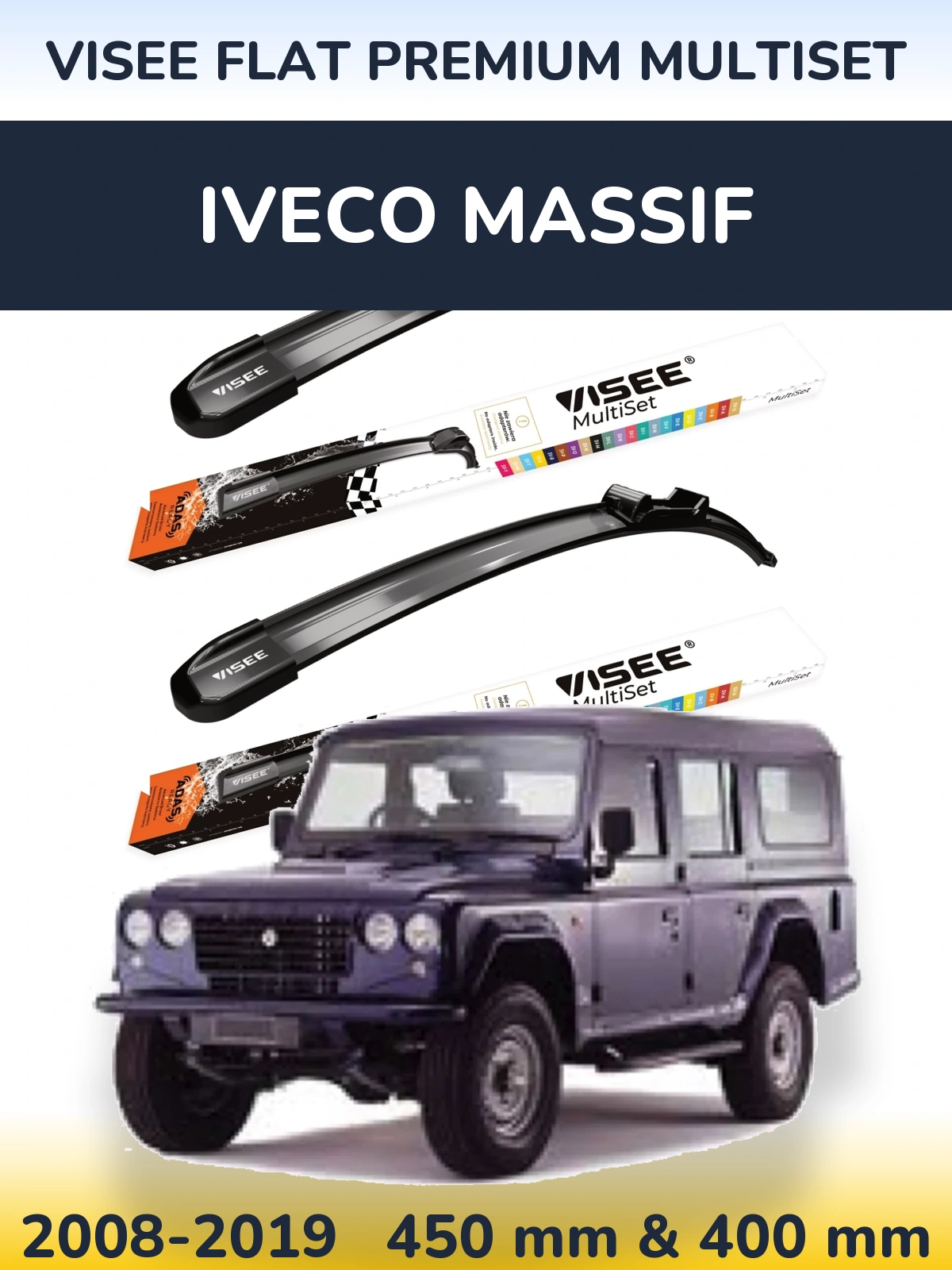 Komplet przednich wycieraczek VISEE FLAT PREMIUM MultiSet 450 & 400 mm do Iveco Massif 2008-2019