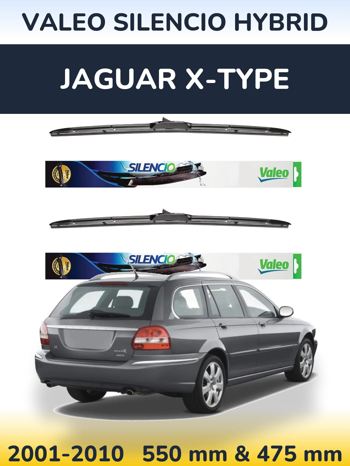 Front wiper blade set Valeo Silencio Hybrid 550 & 475 mm for Jaguar X-Typee 2001-2010