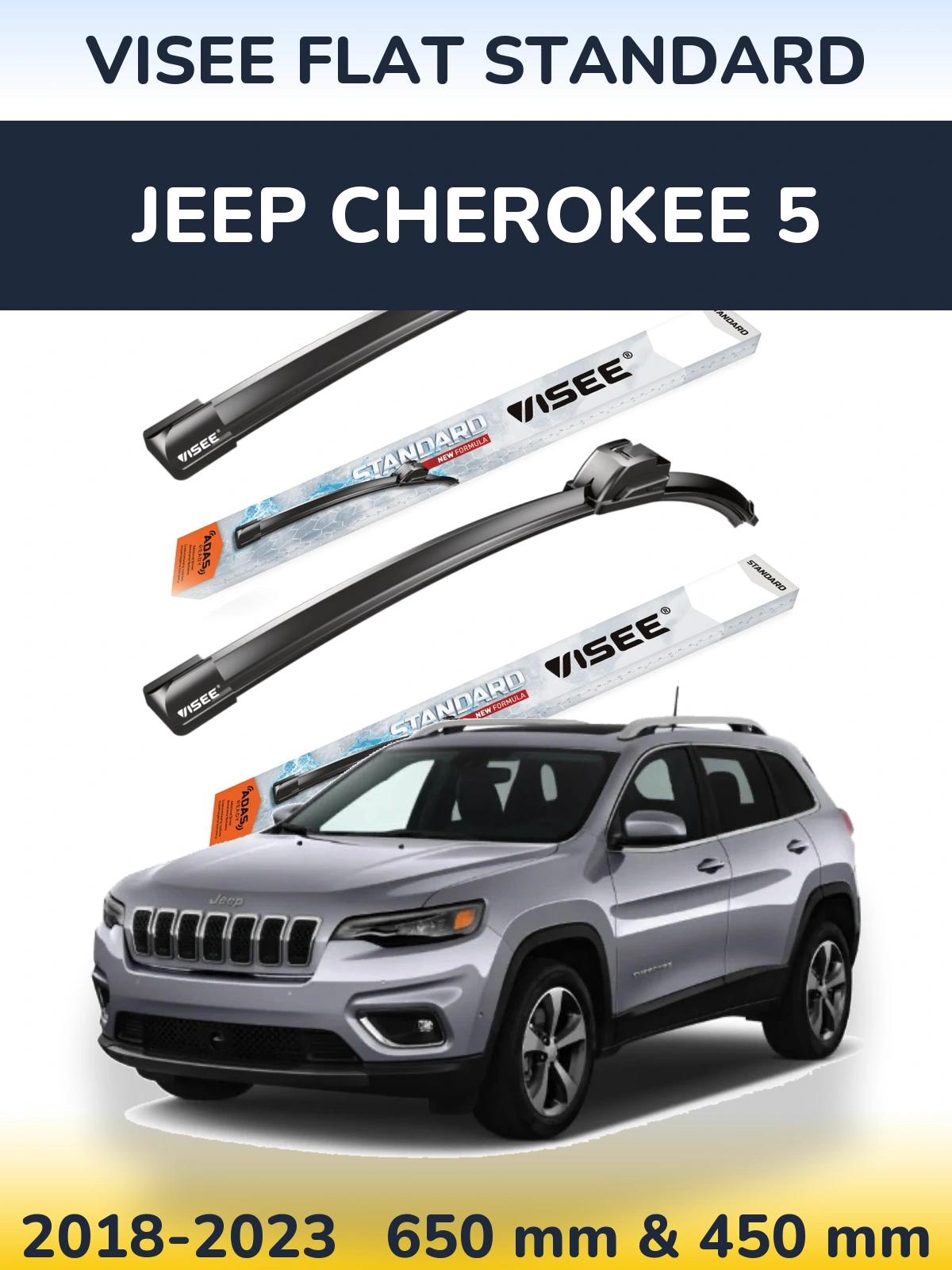 Komplet przednich wycieraczek VISEE FLAT STANDARD 650 & 450 mm do Jeep Cherokee 5 2018-2023