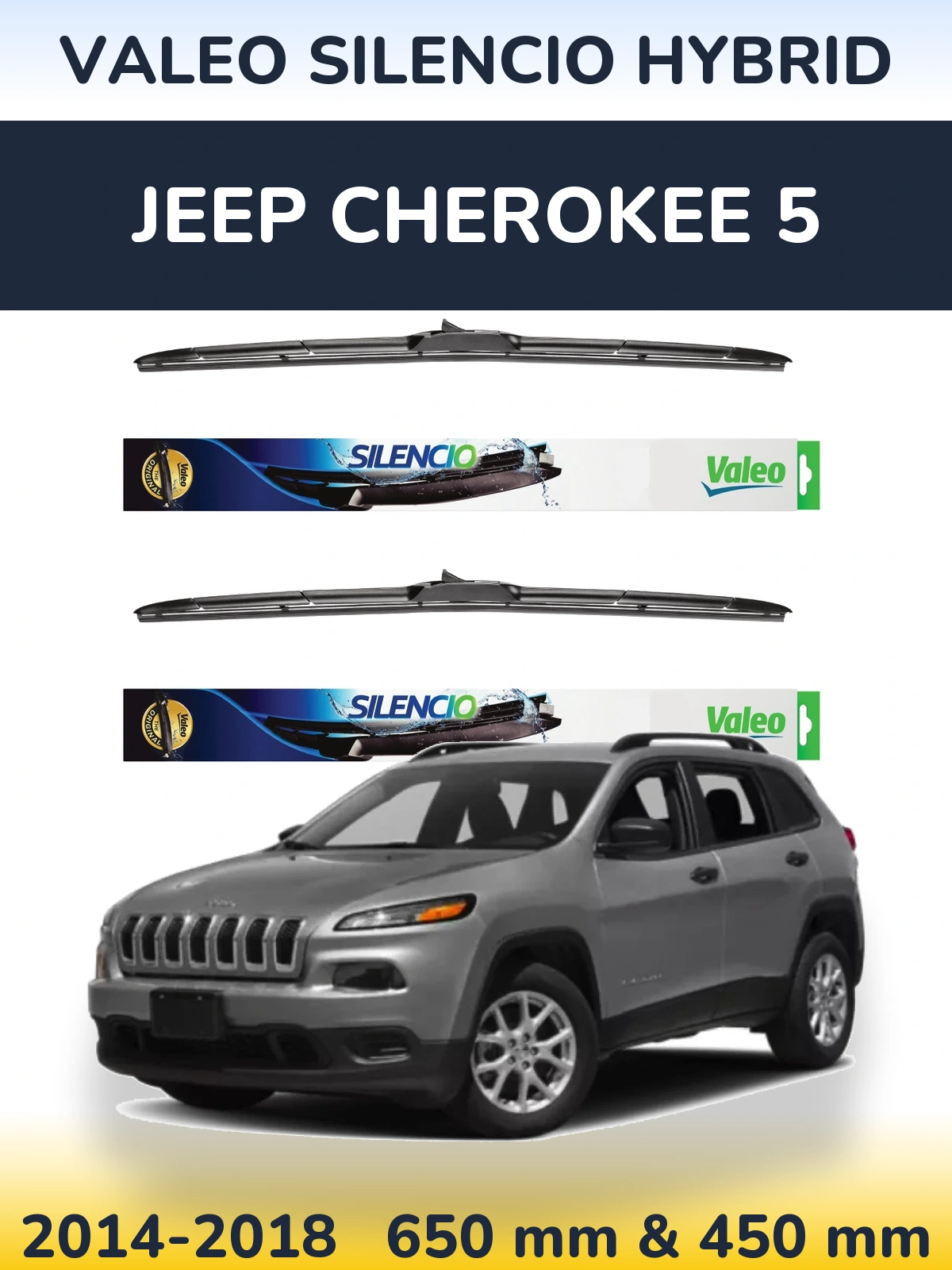 Komplet przednich wycieraczek Valeo Silencio Hybrid 650 & 450 mm do Jeep Cherokee 5 2014-2018