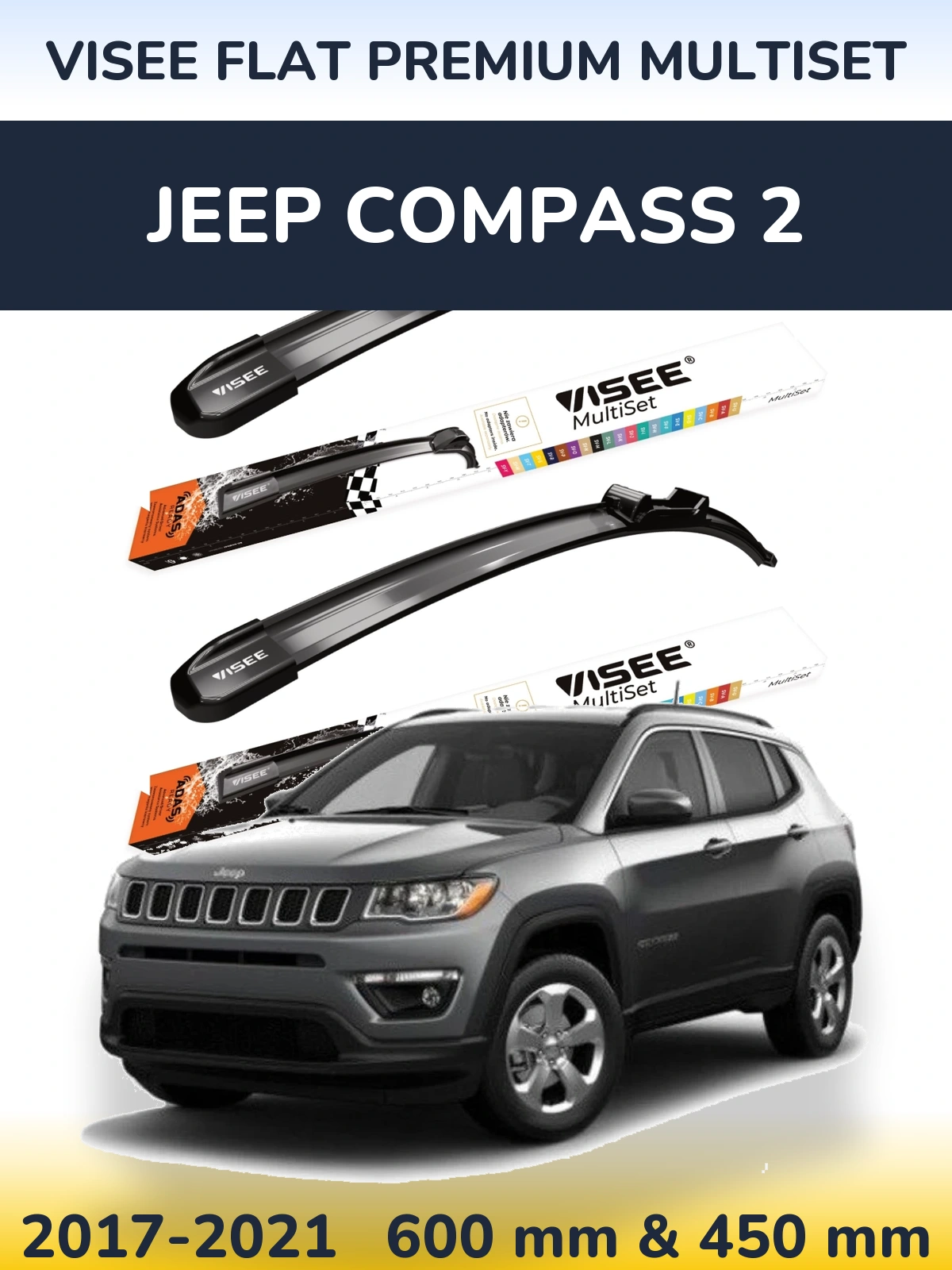 Komplet przednich wycieraczek VISEE FLAT PREMIUM MultiSet 600 & 450 mm do Jeep Compass 2 2017-2021