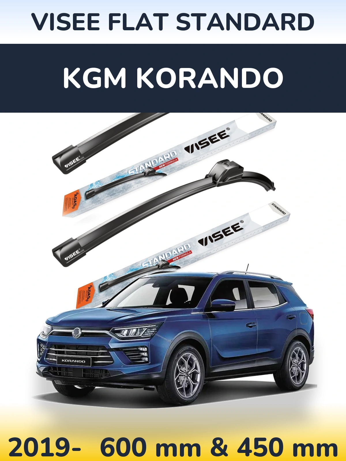 Komplet przednich wycieraczek VISEE FLAT STANDARD 600 & 450 mm do KGM Korando 2019-2026