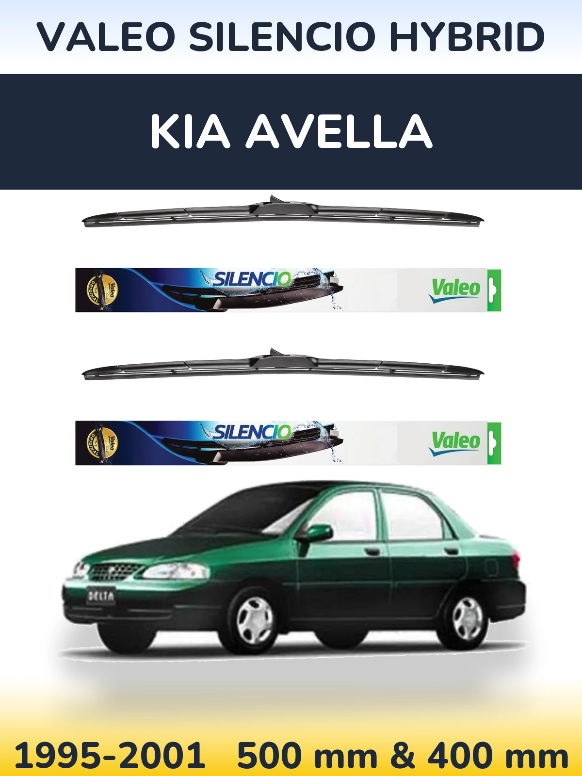 Komplet przednich wycieraczek Valeo Silencio Hybrid 500 & 400 mm do KIA Avella 1995-2001